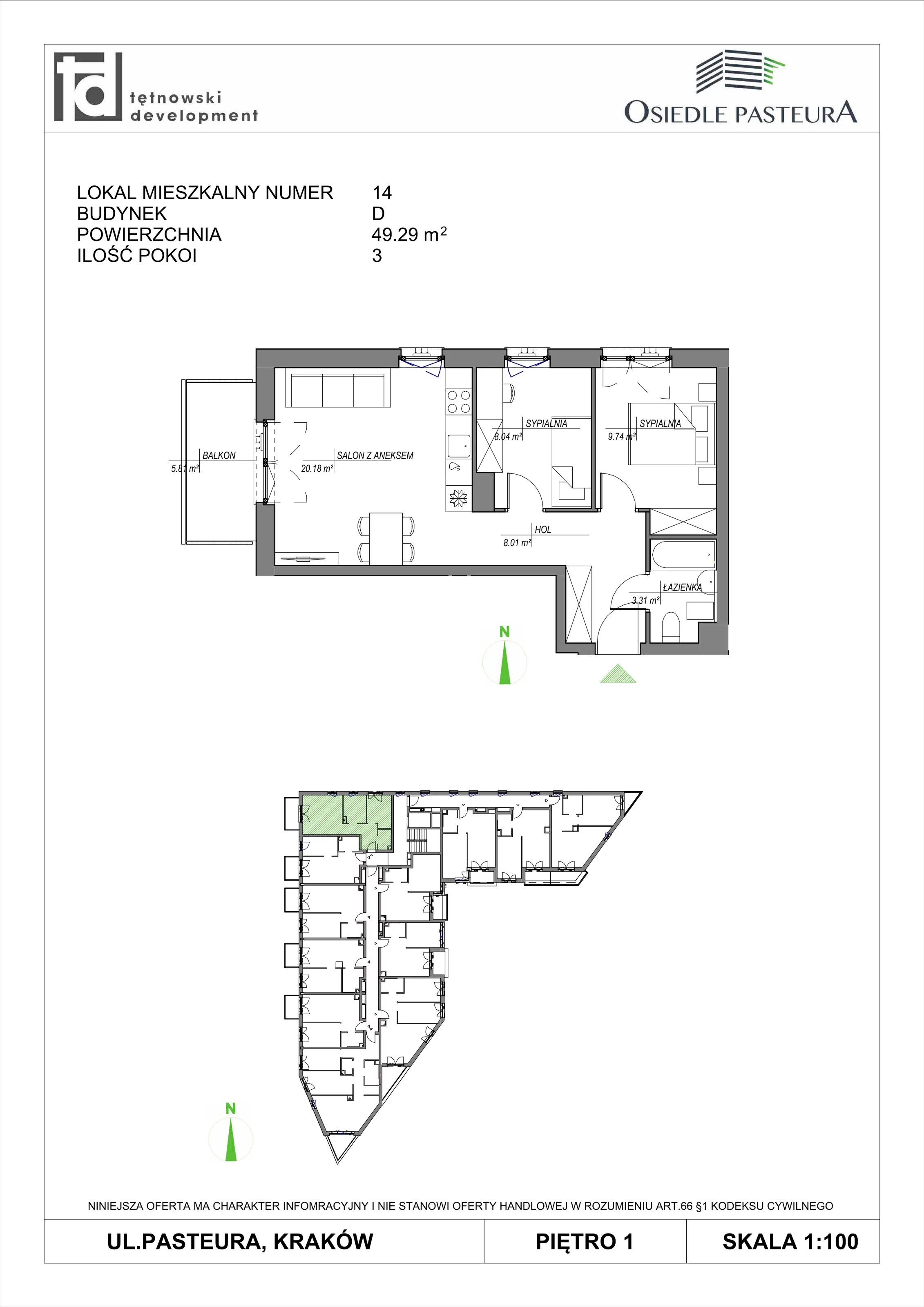 3 pokoje, mieszkanie 49,29 m², piętro 1, oferta nr M14, Osiedle Pasteura, Kraków, Prądnik Biały, ul. Ludwika Pasteura