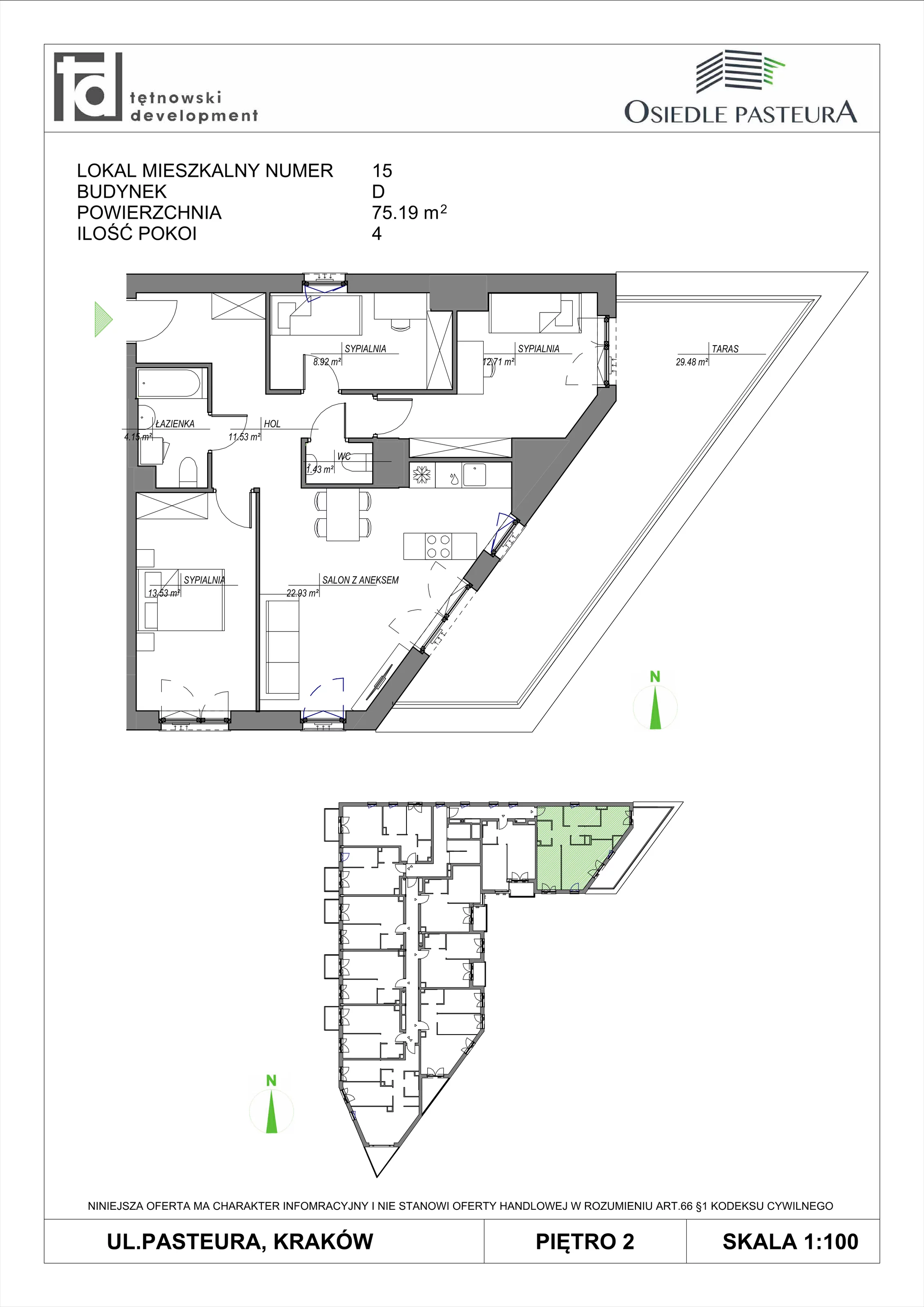 4 pokoje, mieszkanie 75,19 m², piętro 2, oferta nr M15, Osiedle Pasteura, Kraków, Prądnik Biały, ul. Ludwika Pasteura