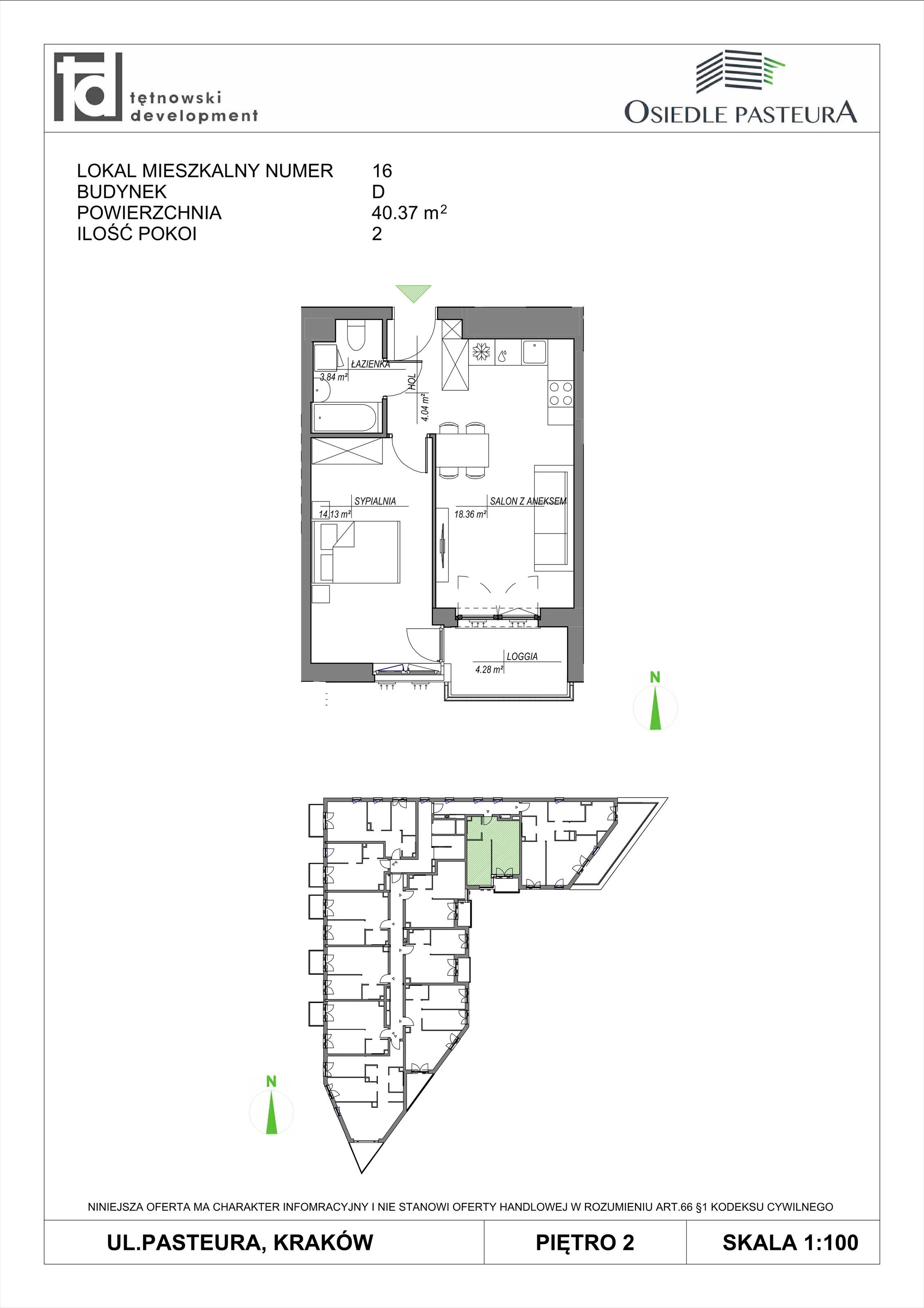 2 pokoje, mieszkanie 40,37 m², piętro 2, oferta nr M16, Osiedle Pasteura, Kraków, Prądnik Biały, ul. Ludwika Pasteura