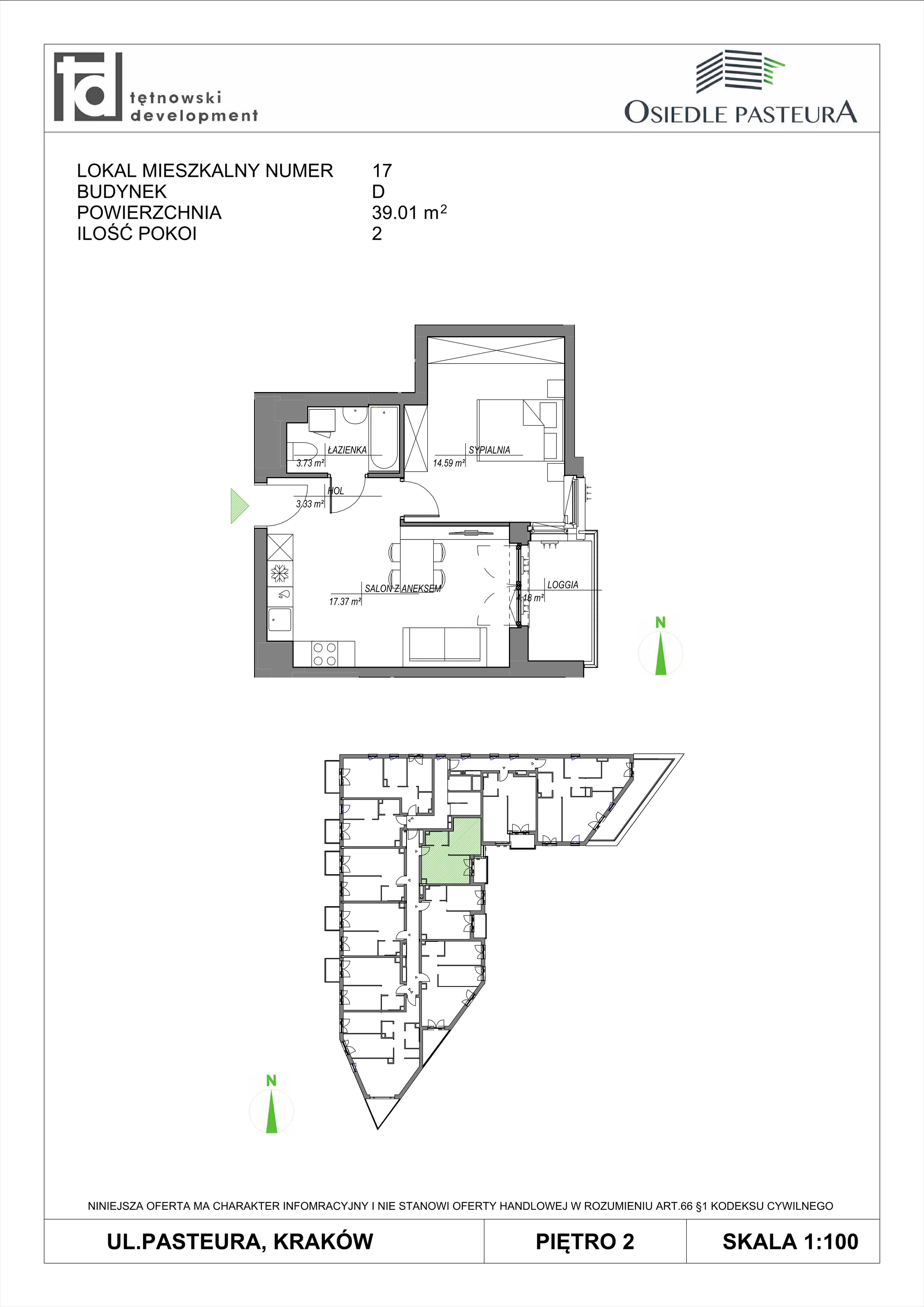 2 pokoje, mieszkanie 39,01 m², piętro 2, oferta nr M17, Osiedle Pasteura, Kraków, Prądnik Biały, ul. Ludwika Pasteura