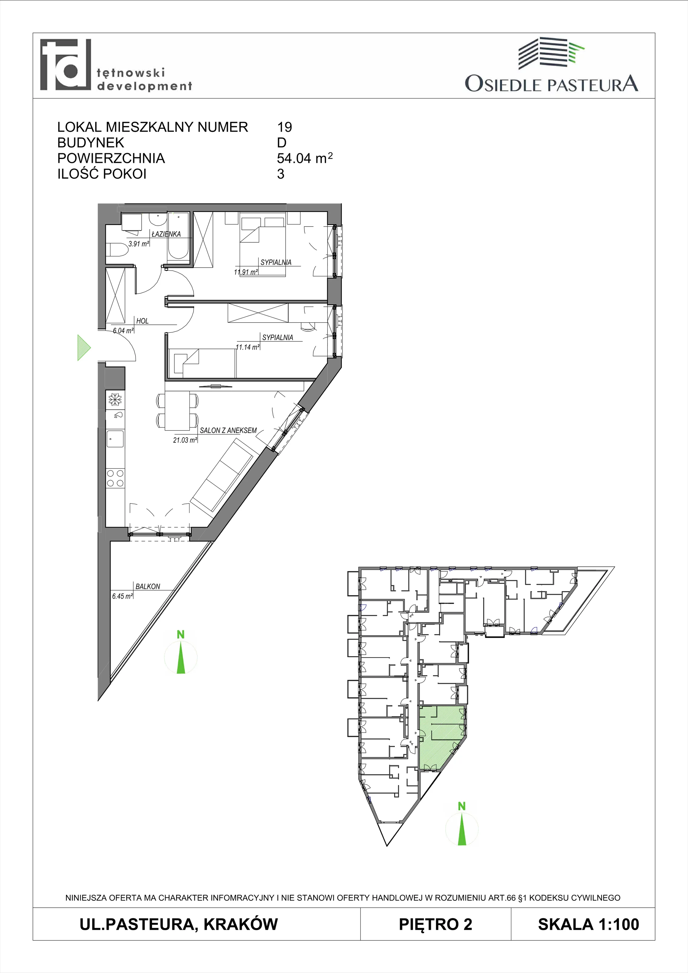 3 pokoje, mieszkanie 54,04 m², piętro 2, oferta nr M19, Osiedle Pasteura, Kraków, Prądnik Biały, ul. Ludwika Pasteura