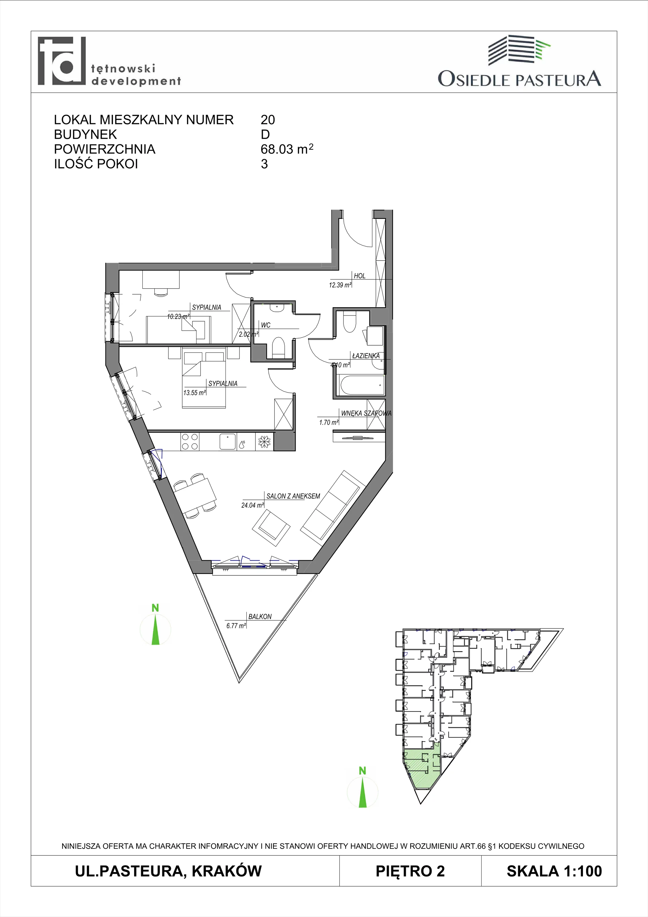 3 pokoje, mieszkanie 68,03 m², piętro 2, oferta nr M20, Osiedle Pasteura, Kraków, Prądnik Biały, ul. Ludwika Pasteura