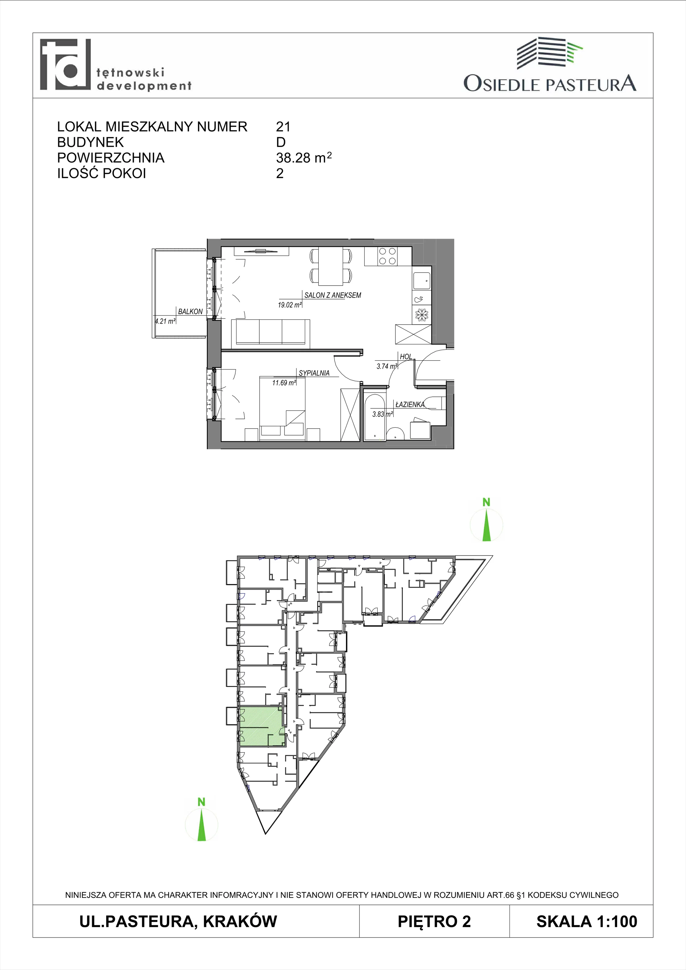 2 pokoje, mieszkanie 38,28 m², piętro 2, oferta nr M21, Osiedle Pasteura, Kraków, Prądnik Biały, ul. Ludwika Pasteura