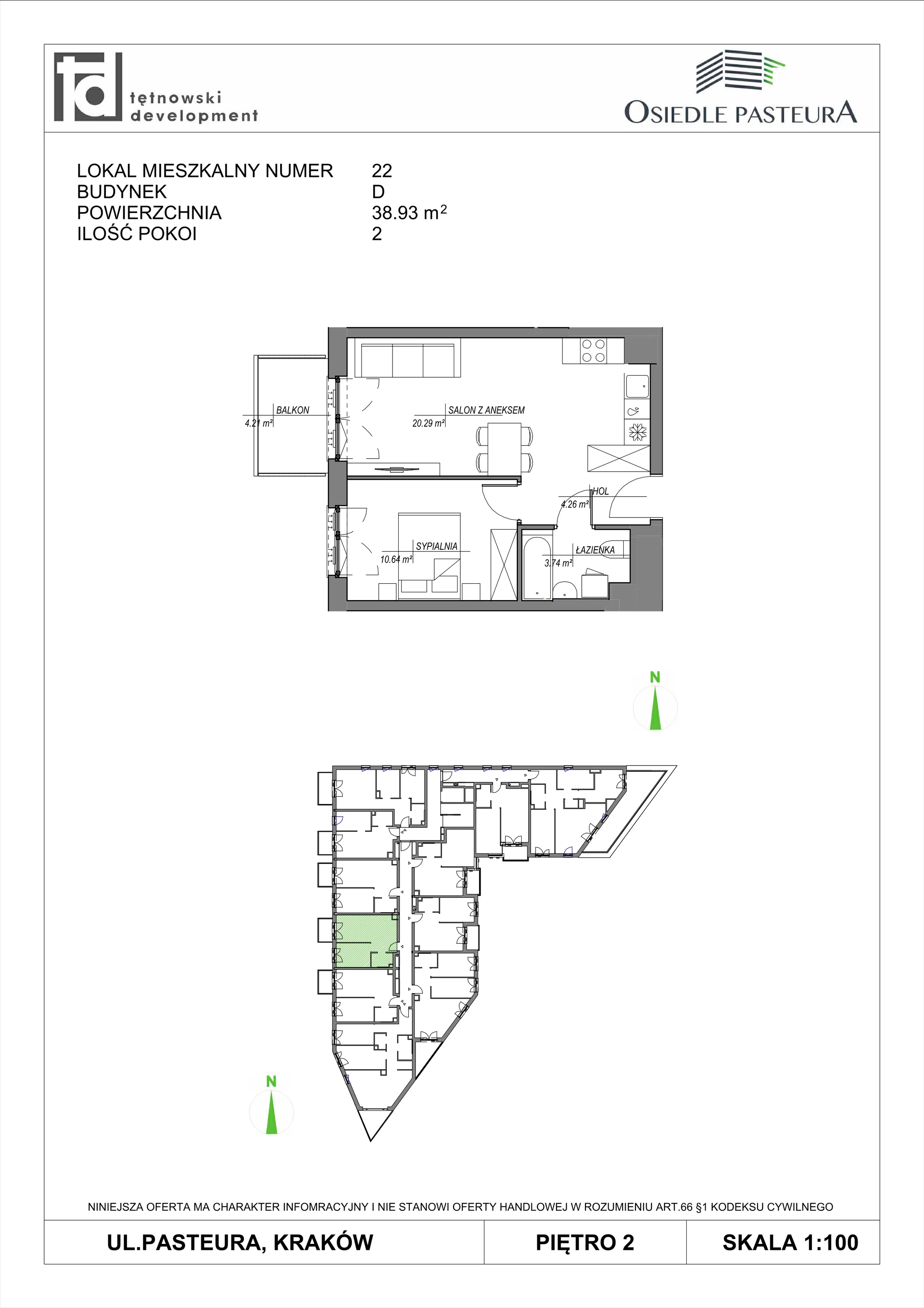 2 pokoje, mieszkanie 38,93 m², piętro 2, oferta nr M22, Osiedle Pasteura, Kraków, Prądnik Biały, ul. Ludwika Pasteura