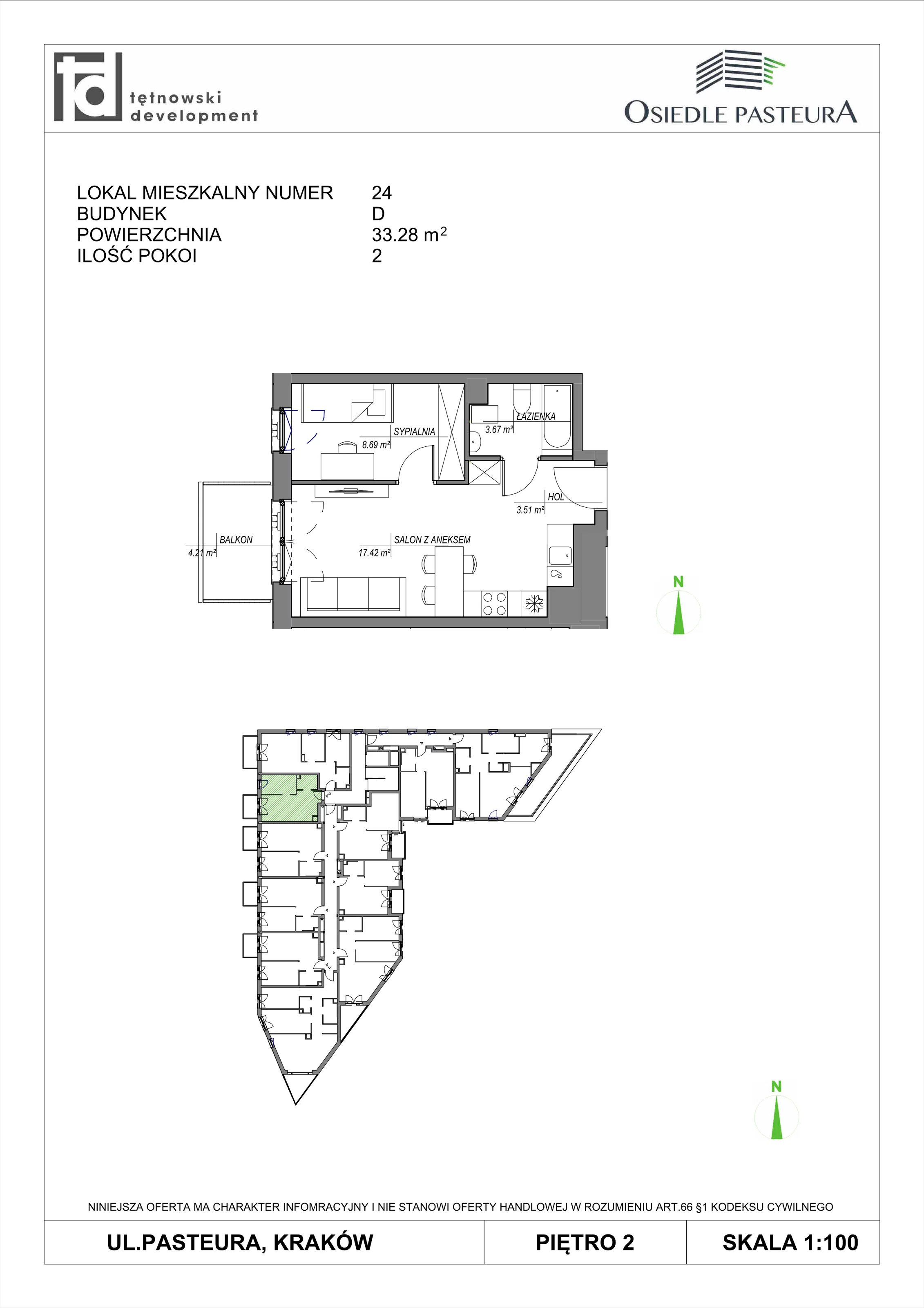 2 pokoje, mieszkanie 33,28 m², piętro 2, oferta nr M24, Osiedle Pasteura, Kraków, Prądnik Biały, ul. Ludwika Pasteura