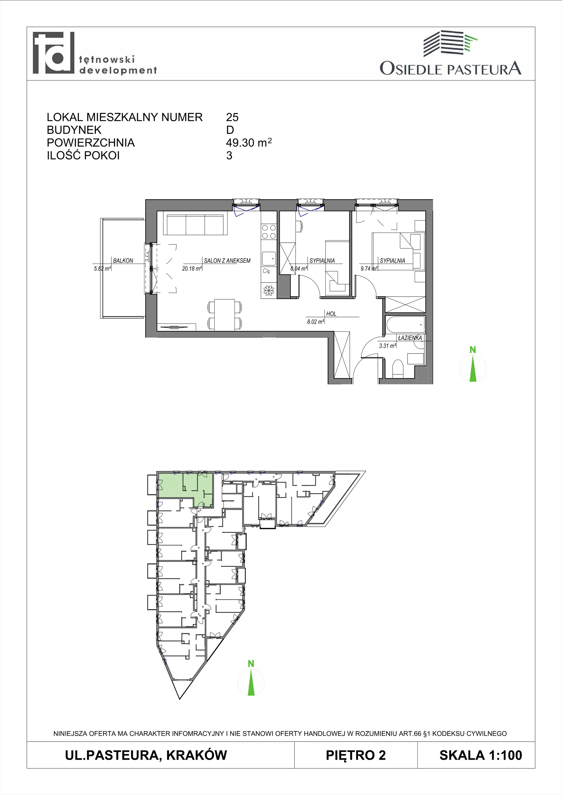 3 pokoje, mieszkanie 49,30 m², piętro 2, oferta nr M25, Osiedle Pasteura, Kraków, Prądnik Biały, ul. Ludwika Pasteura