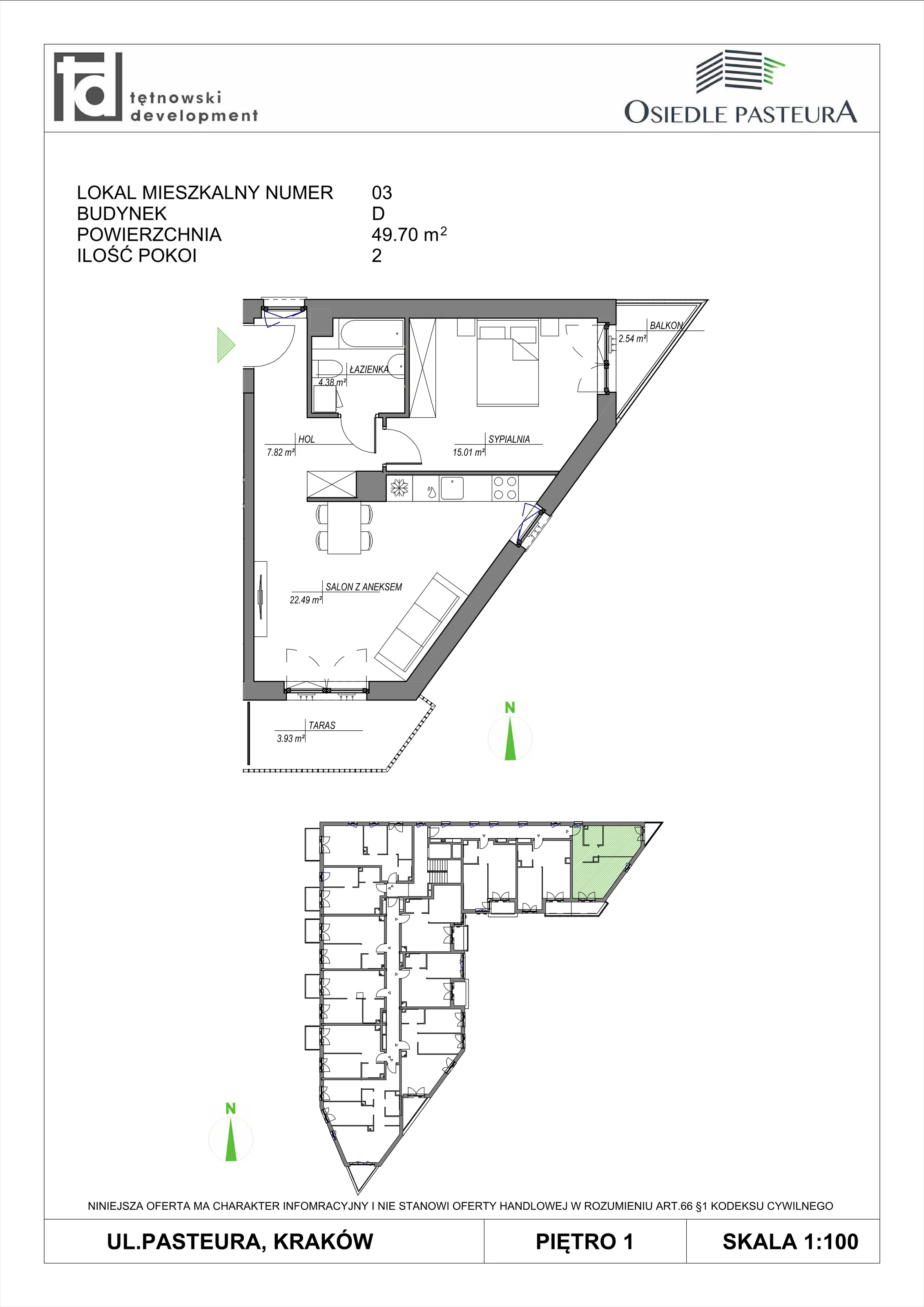 2 pokoje, mieszkanie 49,70 m², piętro 1, oferta nr M3, Osiedle Pasteura, Kraków, Prądnik Biały, ul. Ludwika Pasteura