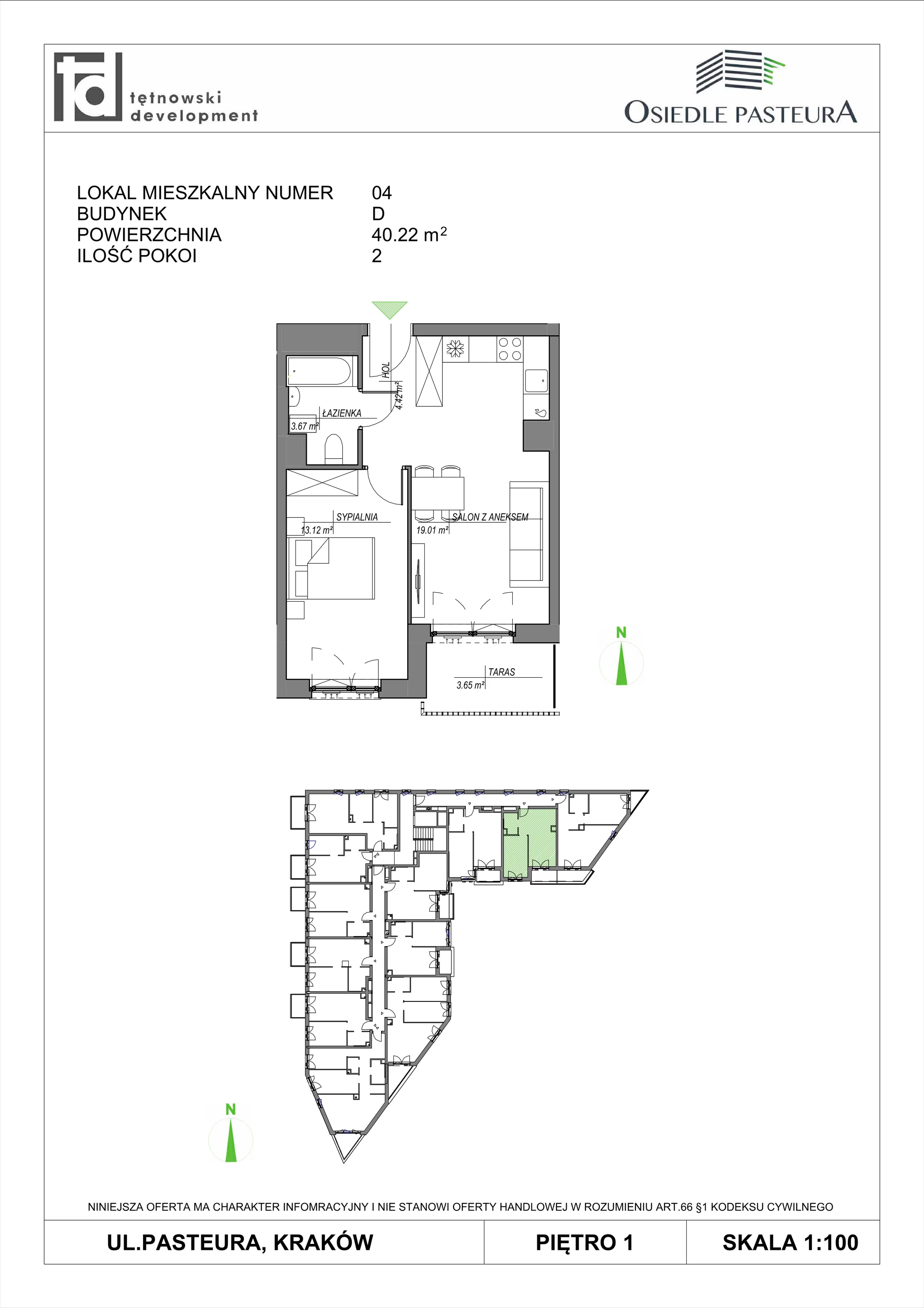 2 pokoje, mieszkanie 40,22 m², piętro 1, oferta nr M4, Osiedle Pasteura, Kraków, Prądnik Biały, ul. Ludwika Pasteura