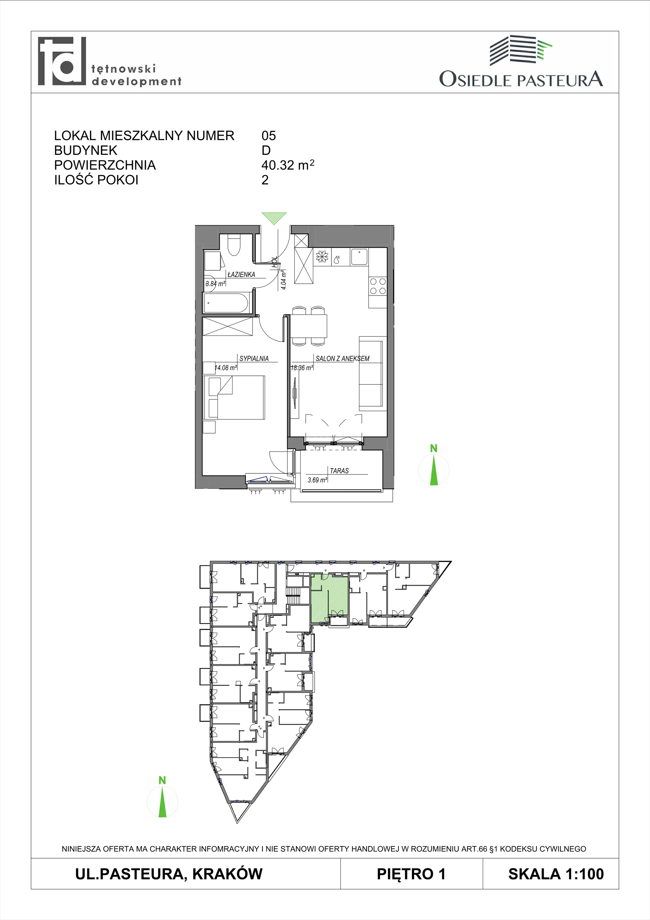 2 pokoje, mieszkanie 40,32 m², piętro 1, oferta nr M5, Osiedle Pasteura, Kraków, Prądnik Biały, ul. Ludwika Pasteura