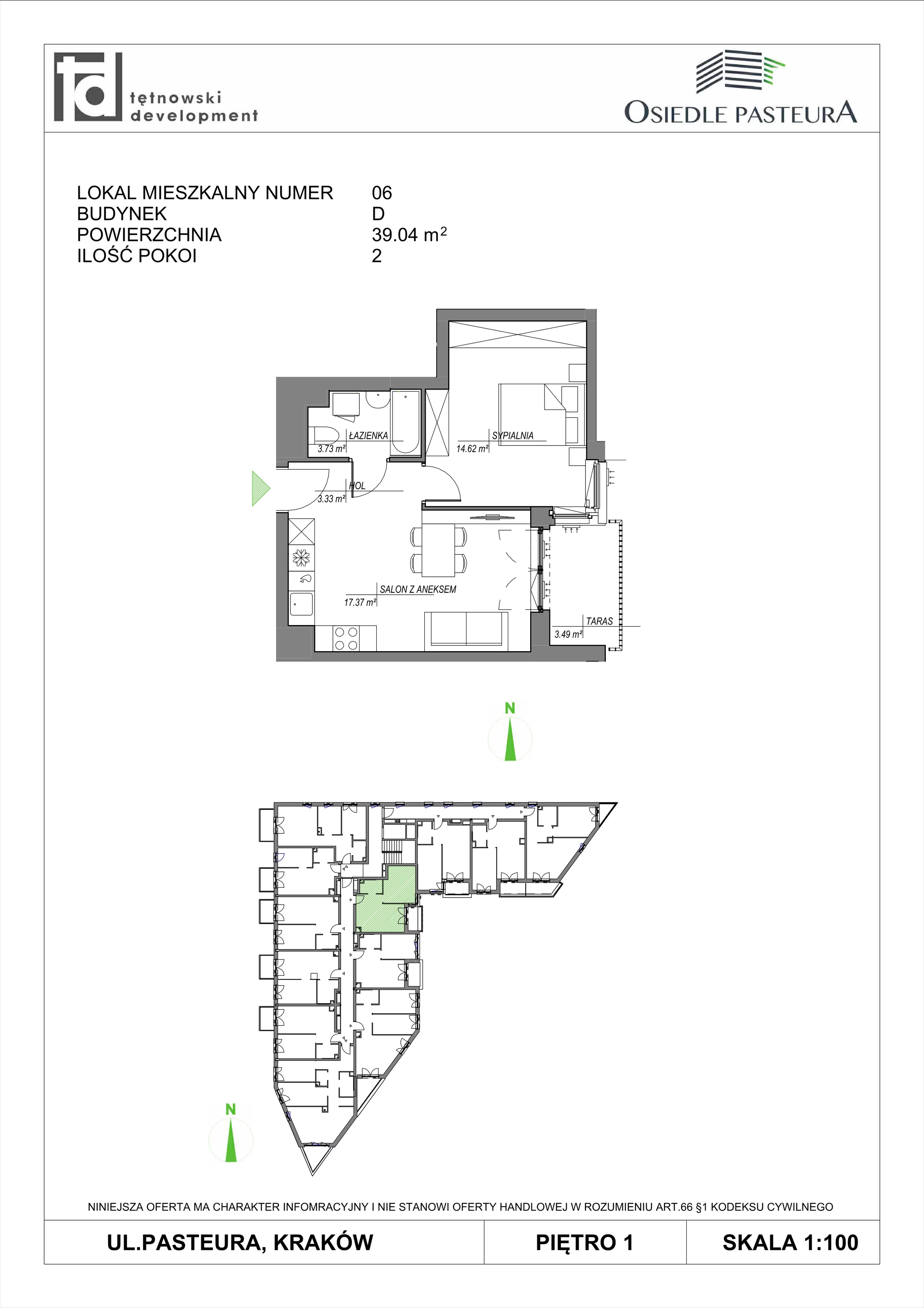 2 pokoje, mieszkanie 39,04 m², piętro 1, oferta nr M6, Osiedle Pasteura, Kraków, Prądnik Biały, ul. Ludwika Pasteura