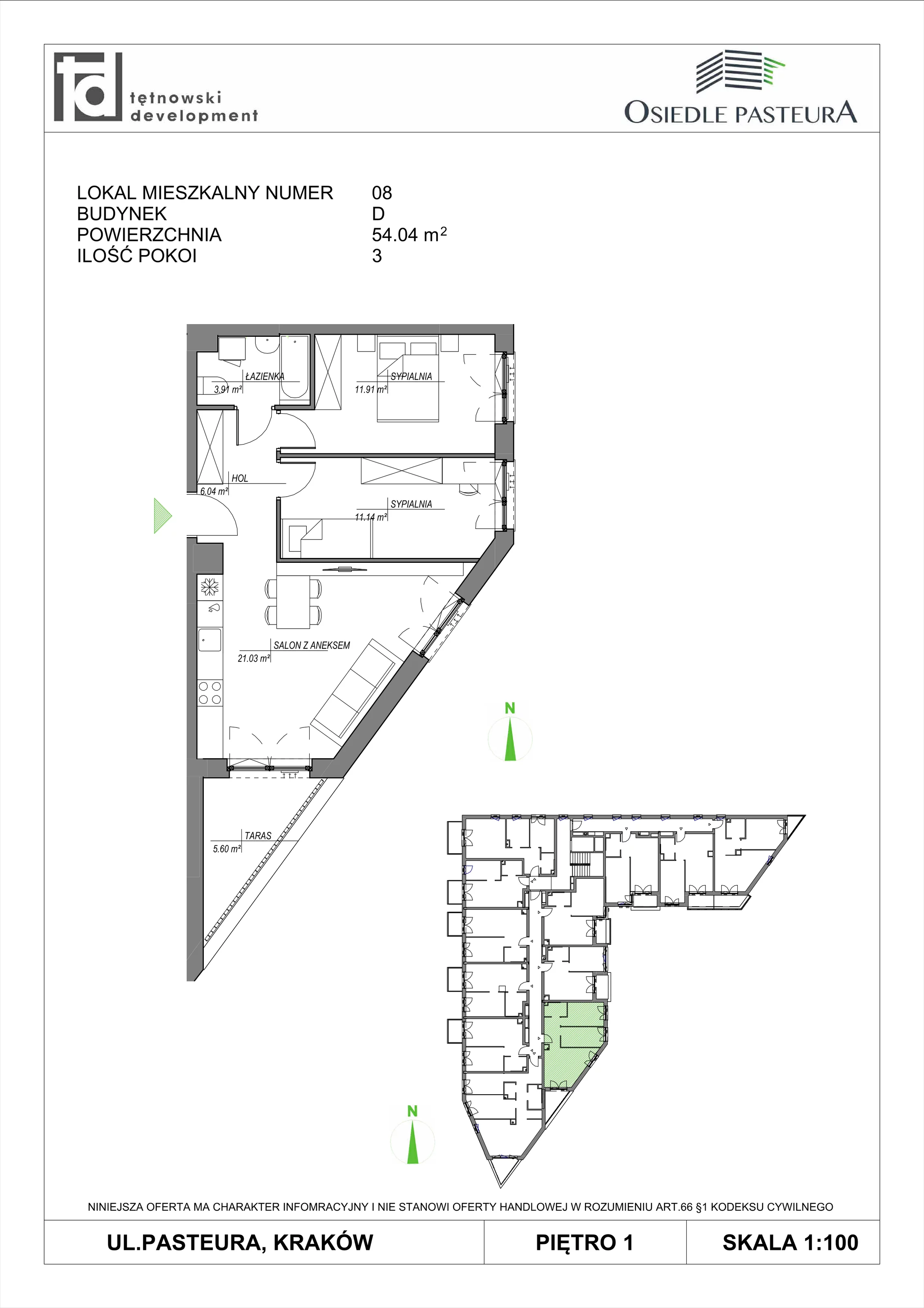 3 pokoje, mieszkanie 54,04 m², piętro 1, oferta nr M8, Osiedle Pasteura, Kraków, Prądnik Biały, ul. Ludwika Pasteura