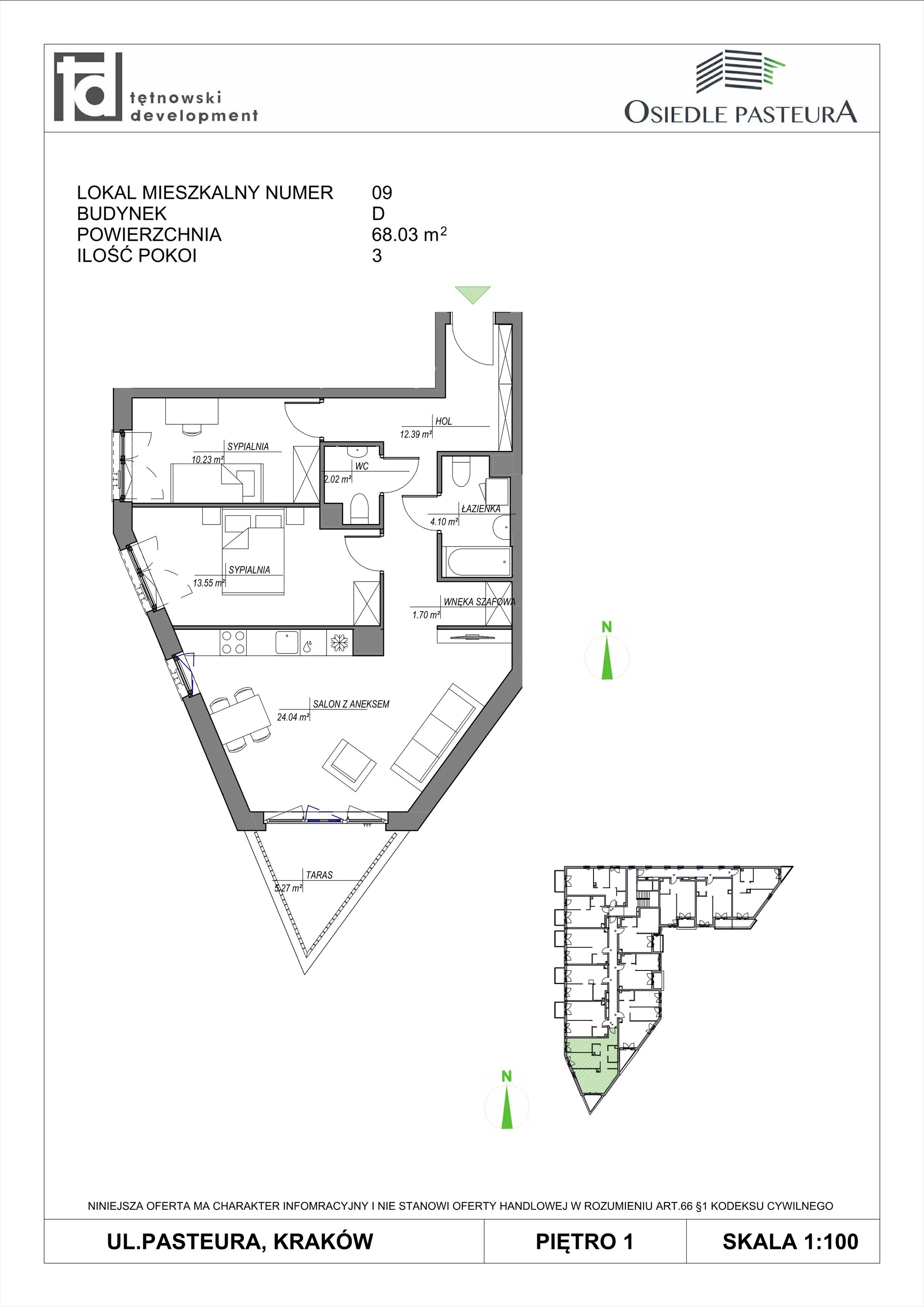 3 pokoje, mieszkanie 68,03 m², piętro 1, oferta nr M9, Osiedle Pasteura, Kraków, Prądnik Biały, ul. Ludwika Pasteura