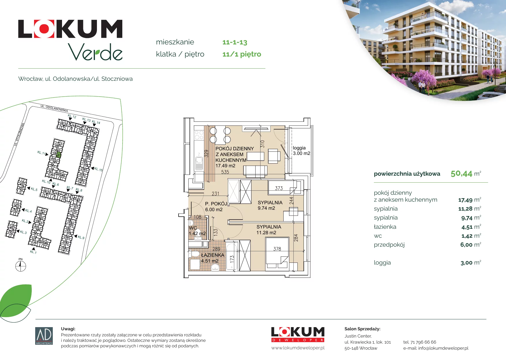 3 pokoje, apartament 50,29 m², piętro 1, oferta nr 11-1-13, Lokum Verde, Wrocław, Psie Pole-Zawidawie, Zakrzów, ul. Z. Gumińskiej/Odolanowska