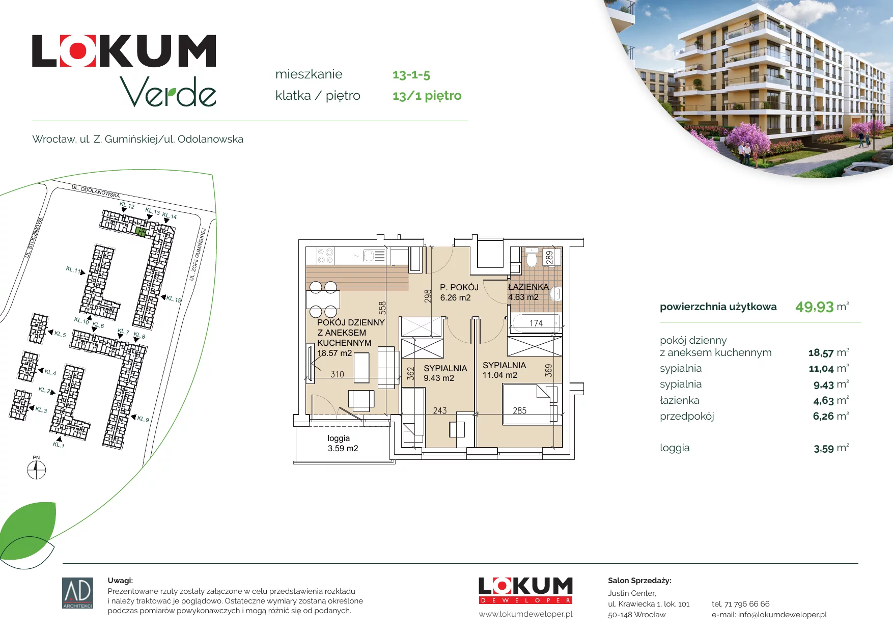 Apartament 49,72 m², piętro 1, oferta nr 13-1-5, Lokum Verde, Wrocław, Psie Pole-Zawidawie, Zakrzów, ul. Z. Gumińskiej/Odolanowska