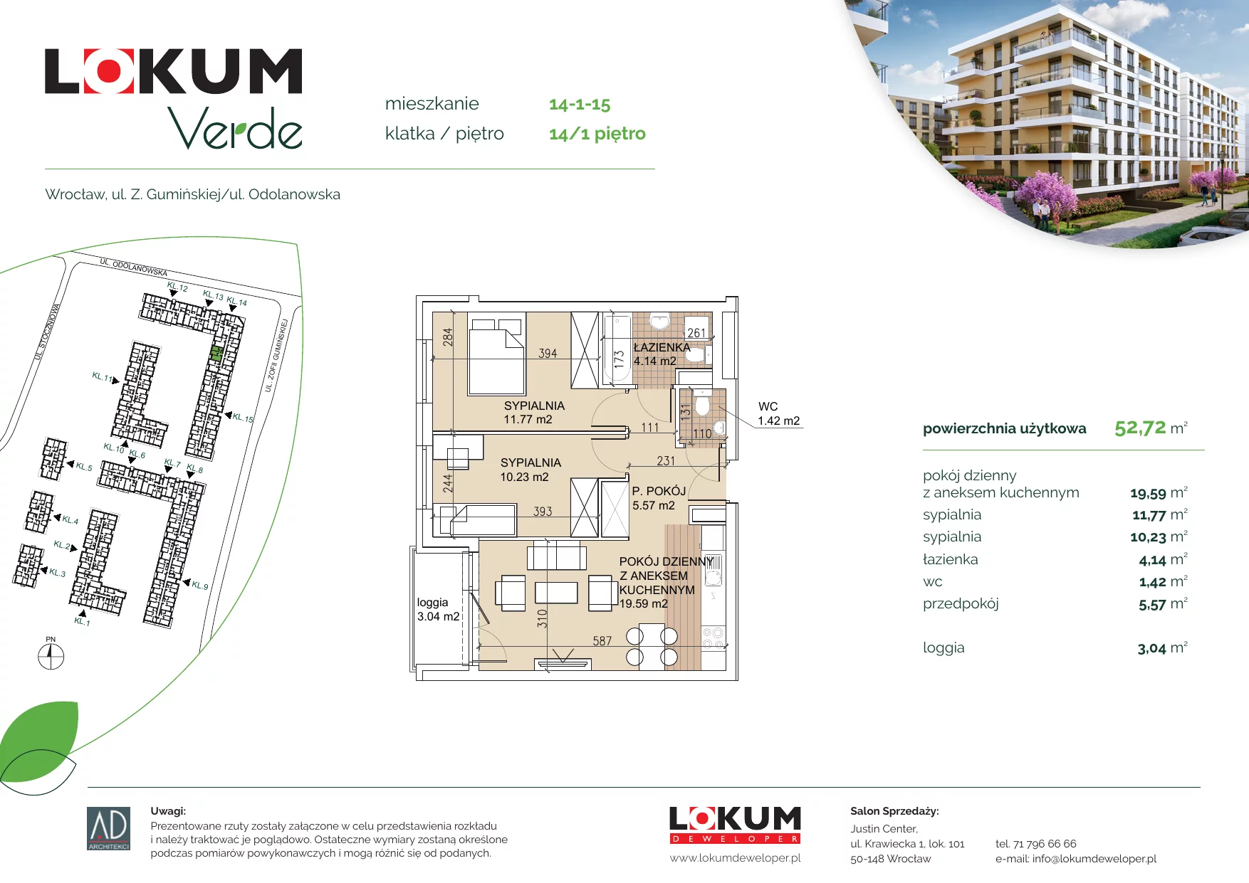 Apartament 52,57 m², piętro 1, oferta nr 14-1-15, Lokum Verde, Wrocław, Psie Pole-Zawidawie, Zakrzów, ul. Z. Gumińskiej/Odolanowska