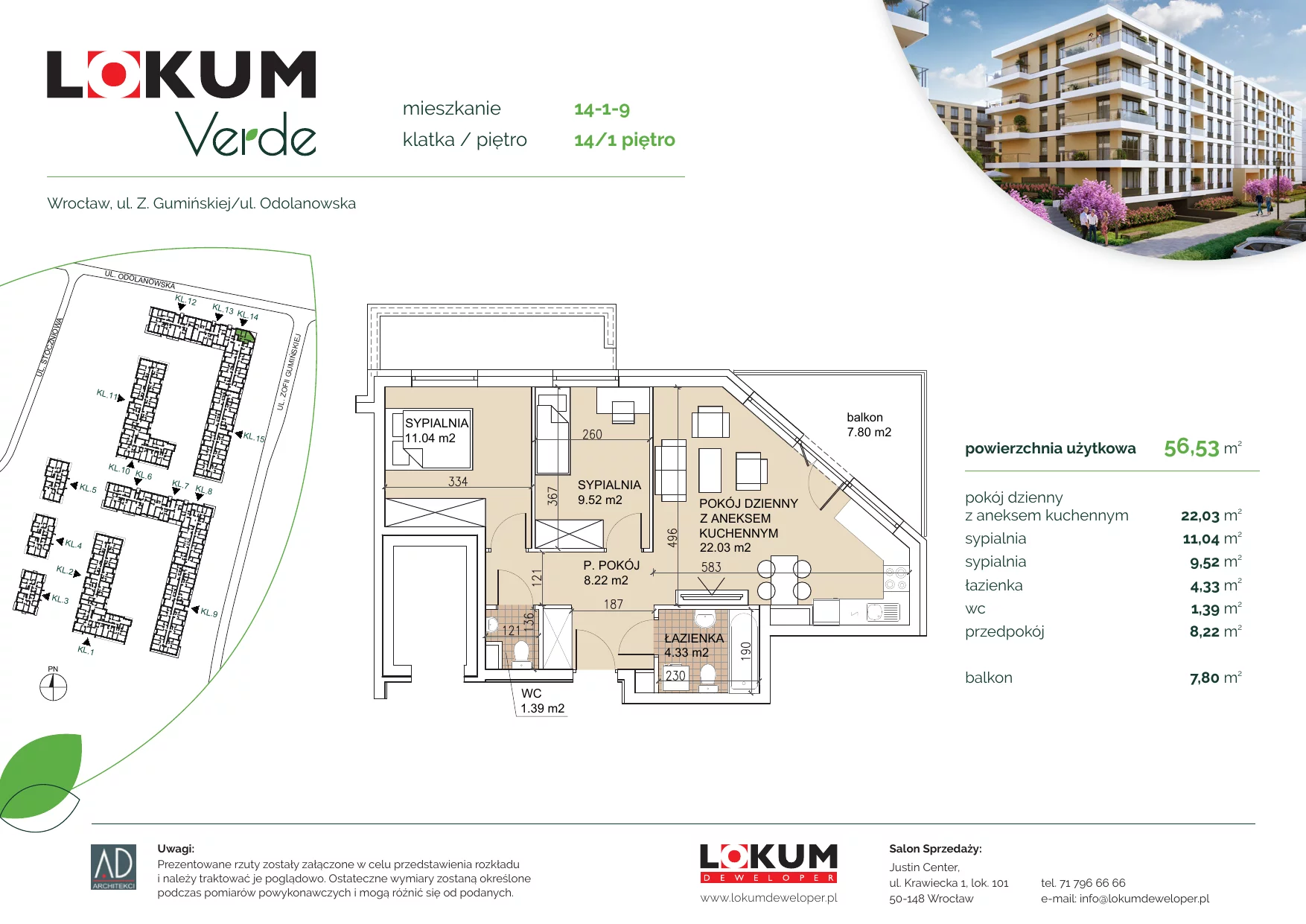 3 pokoje, apartament 56,39 m², piętro 1, oferta nr 14-1-9, Lokum Verde, Wrocław, Psie Pole-Zawidawie, Zakrzów, ul. Z. Gumińskiej/Odolanowska