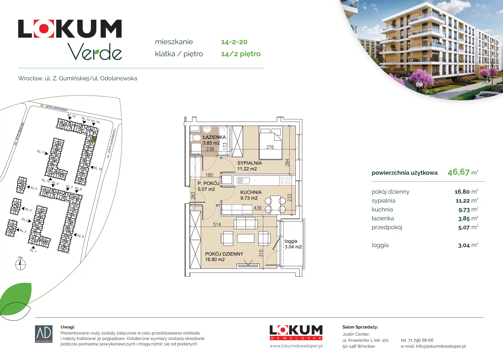 Apartament 46,57 m², piętro 2, oferta nr 14-2-20, Lokum Verde, Wrocław, Psie Pole-Zawidawie, Zakrzów, ul. Z. Gumińskiej/Odolanowska