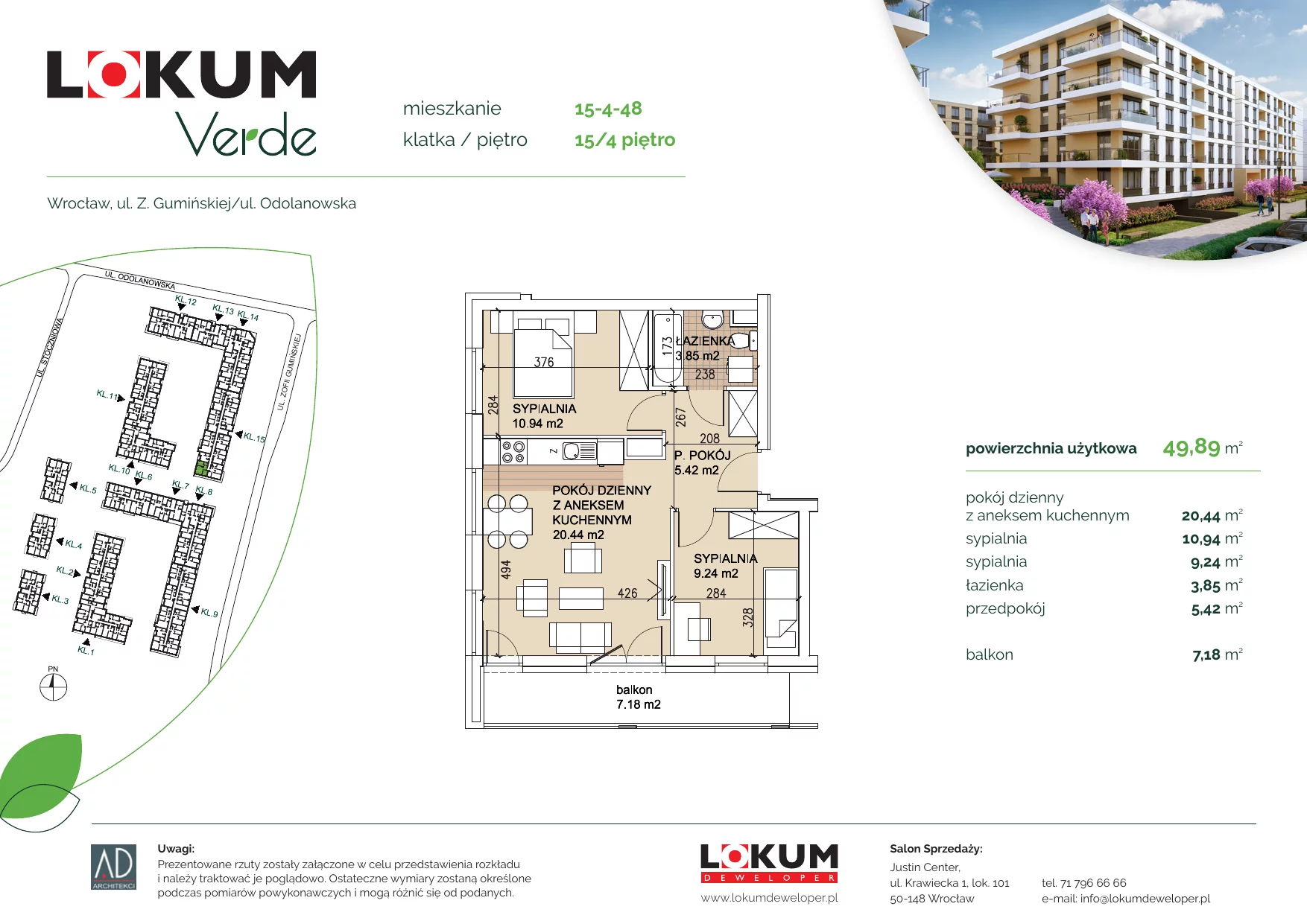 3 pokoje, apartament 49,68 m², piętro 4, oferta nr 15-4-48, Lokum Verde, Wrocław, Psie Pole-Zawidawie, Zakrzów, ul. Z. Gumińskiej/Odolanowska