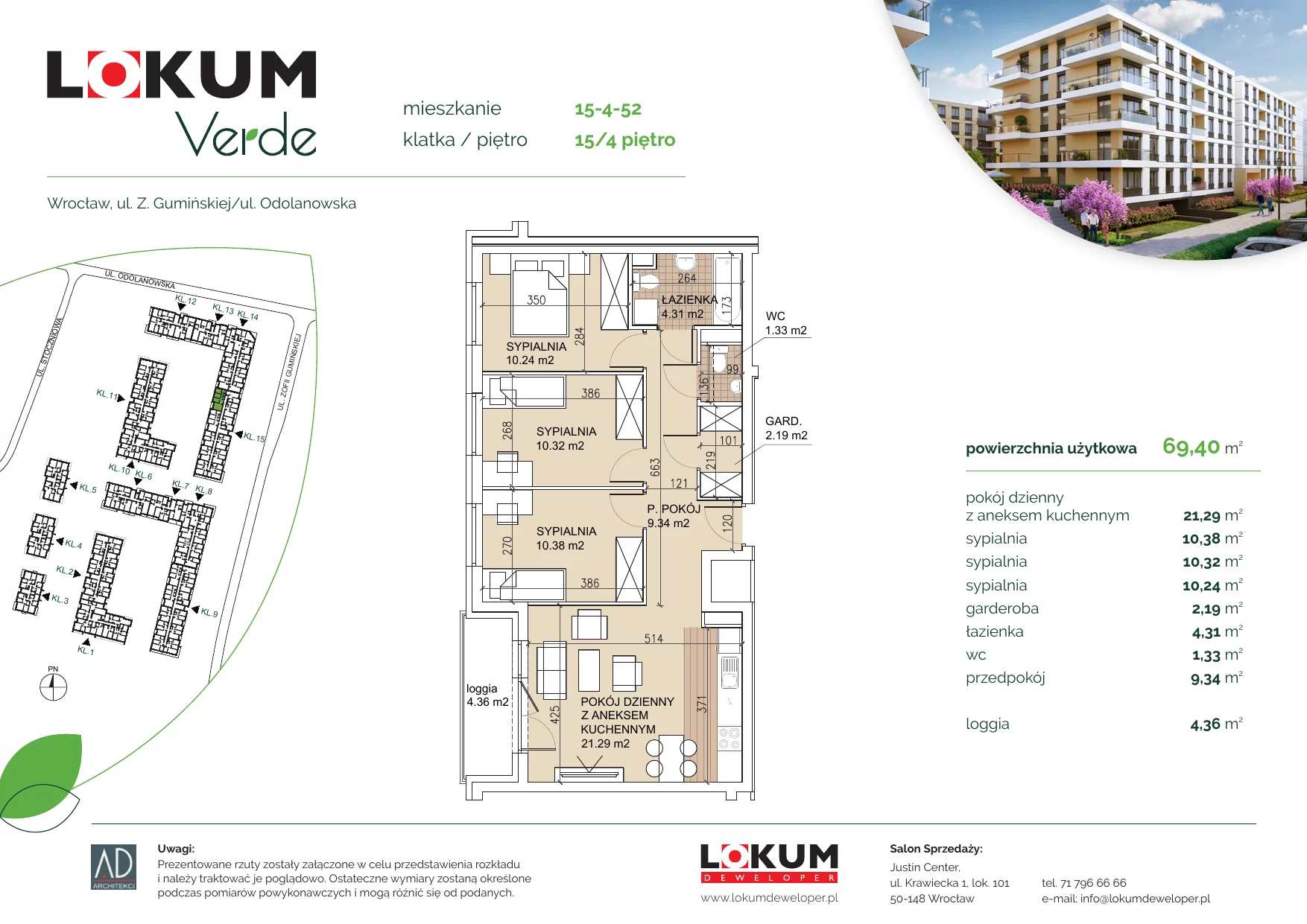 4 pokoje, apartament 69,34 m², piętro 4, oferta nr 15-4-52, Lokum Verde, Wrocław, Psie Pole-Zawidawie, Zakrzów, ul. Z. Gumińskiej/Odolanowska