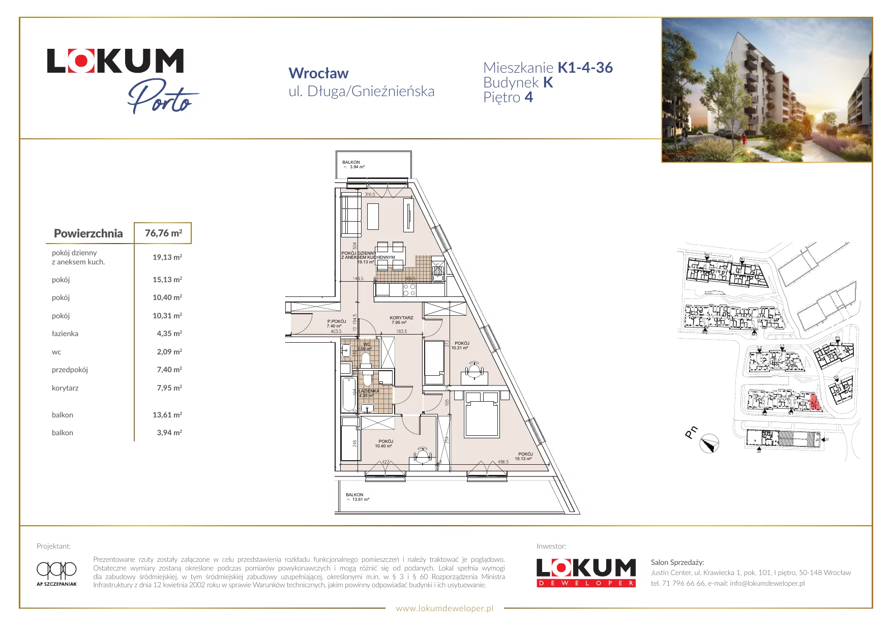 Mieszkanie 76,67 m², piętro 4, oferta nr K1-4-36, Lokum Porto, Wrocław, Szczepin, ul. Długa/Gnieźnieńska