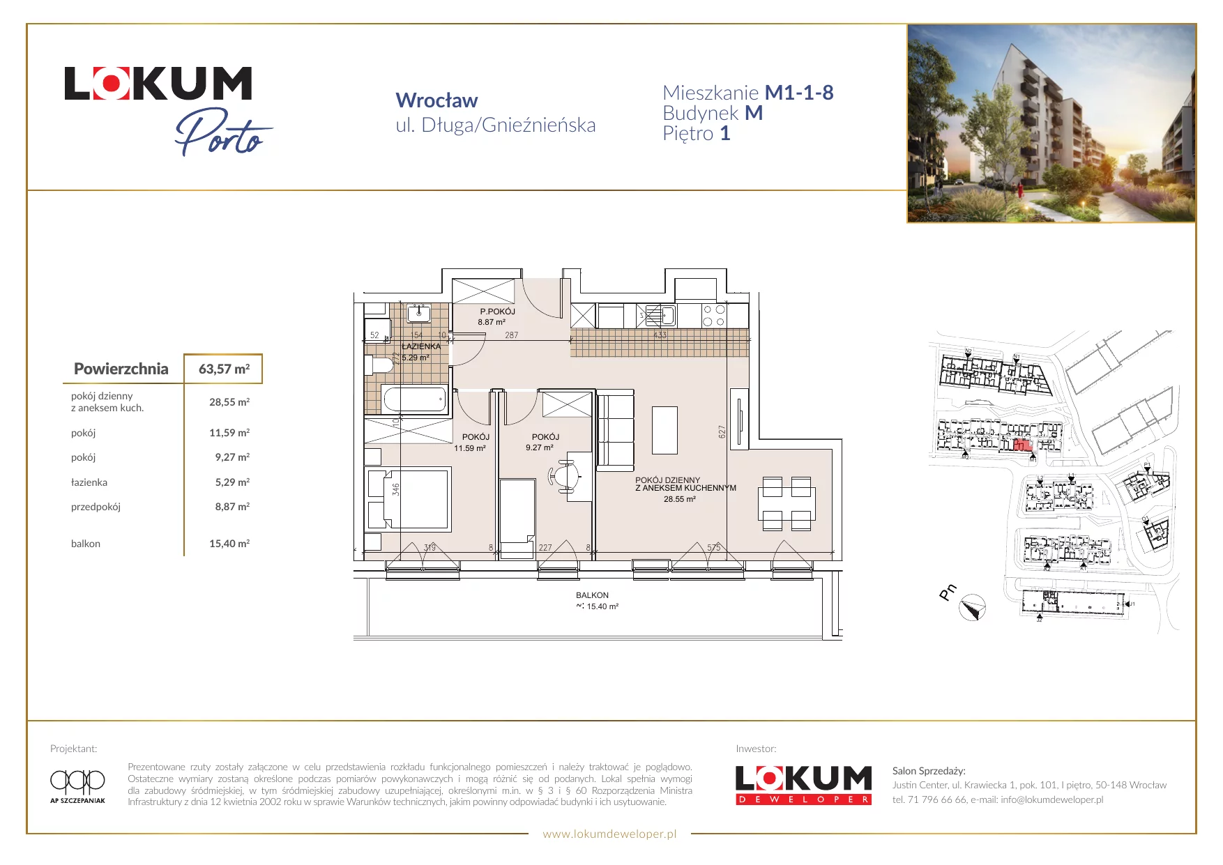 3 pokoje, mieszkanie 63,60 m², piętro 1, oferta nr M1-1-8, Lokum Porto, Wrocław, Szczepin, ul. Długa/Gnieźnieńska