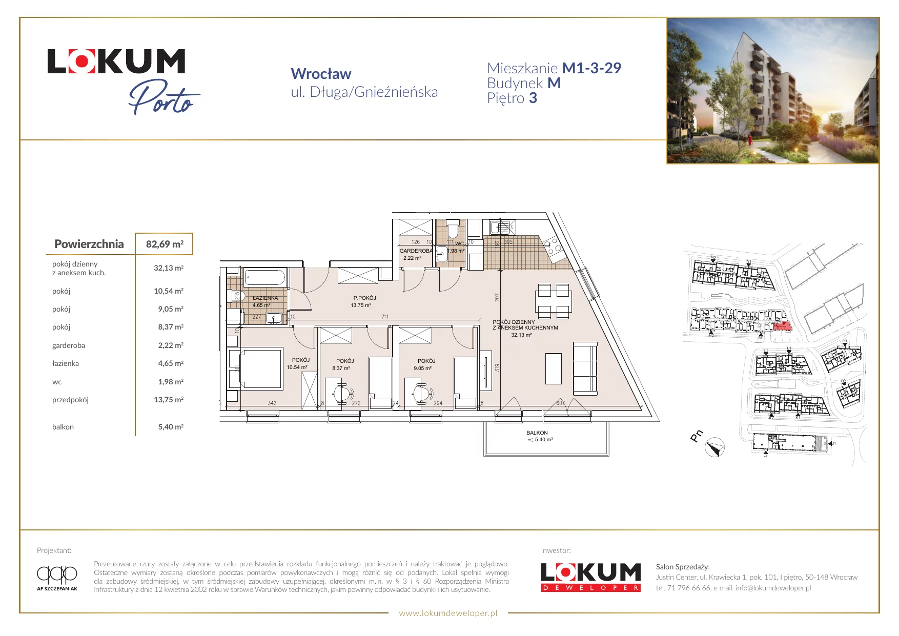 4 pokoje, mieszkanie 82,98 m², piętro 3, oferta nr M1-3-29, Lokum Porto, Wrocław, Szczepin, ul. Długa/Gnieźnieńska