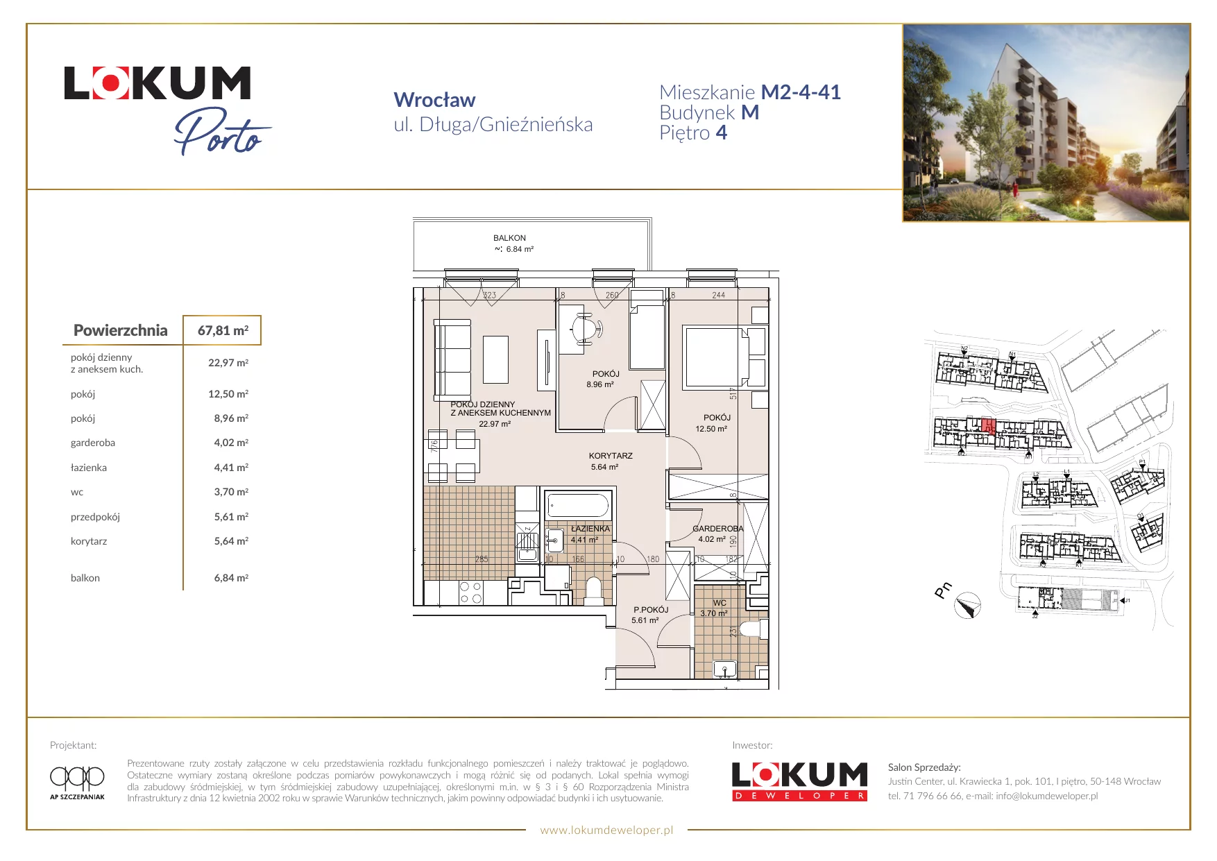 3 pokoje, mieszkanie 67,91 m², piętro 4, oferta nr M2-4-41, Lokum Porto, Wrocław, Szczepin, ul. Długa/Gnieźnieńska