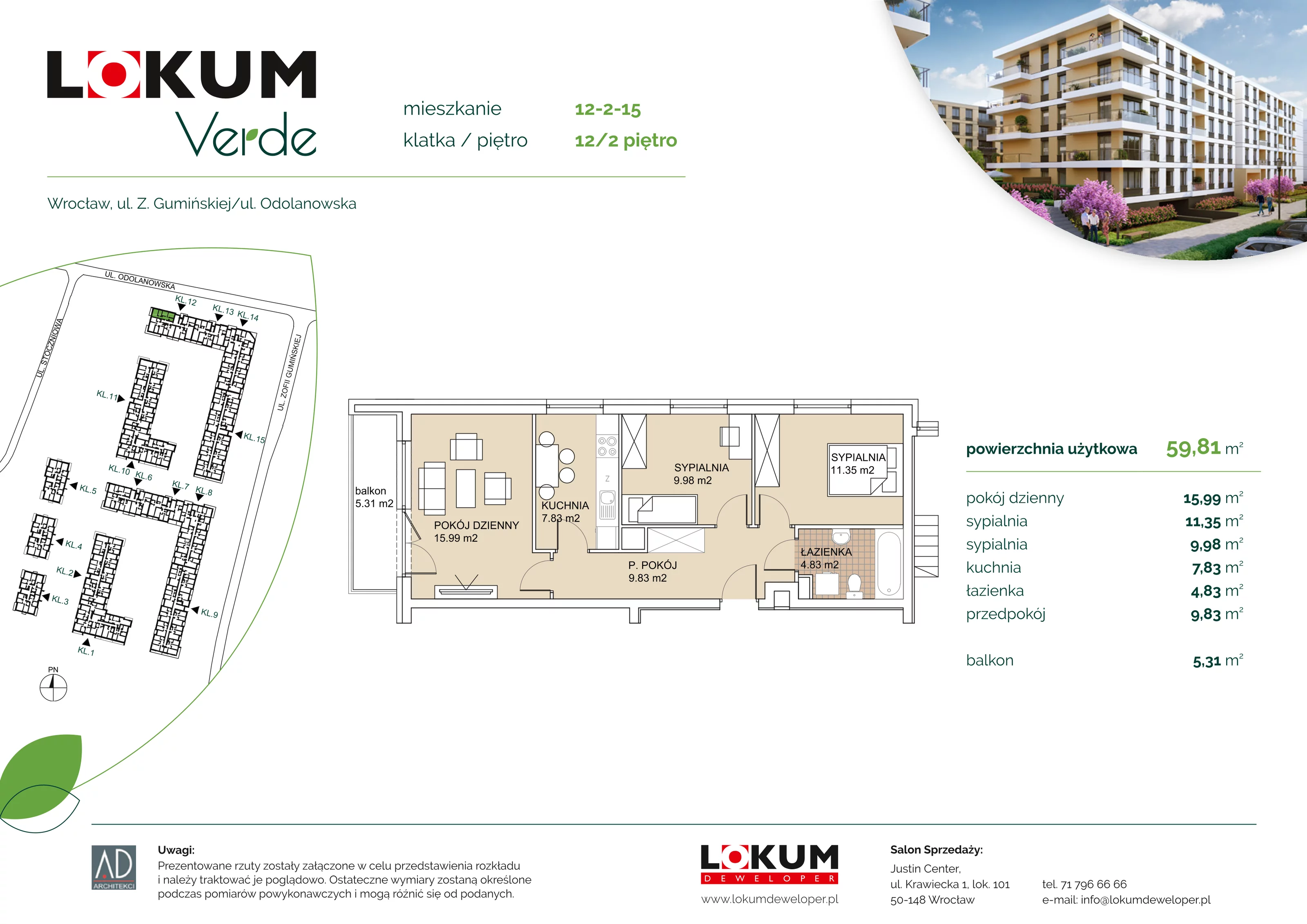 Apartament 59,81 m², piętro 2, oferta nr 12-2-15, Lokum Verde, Wrocław, Psie Pole-Zawidawie, Zakrzów, ul. Z. Gumińskiej/Odolanowska