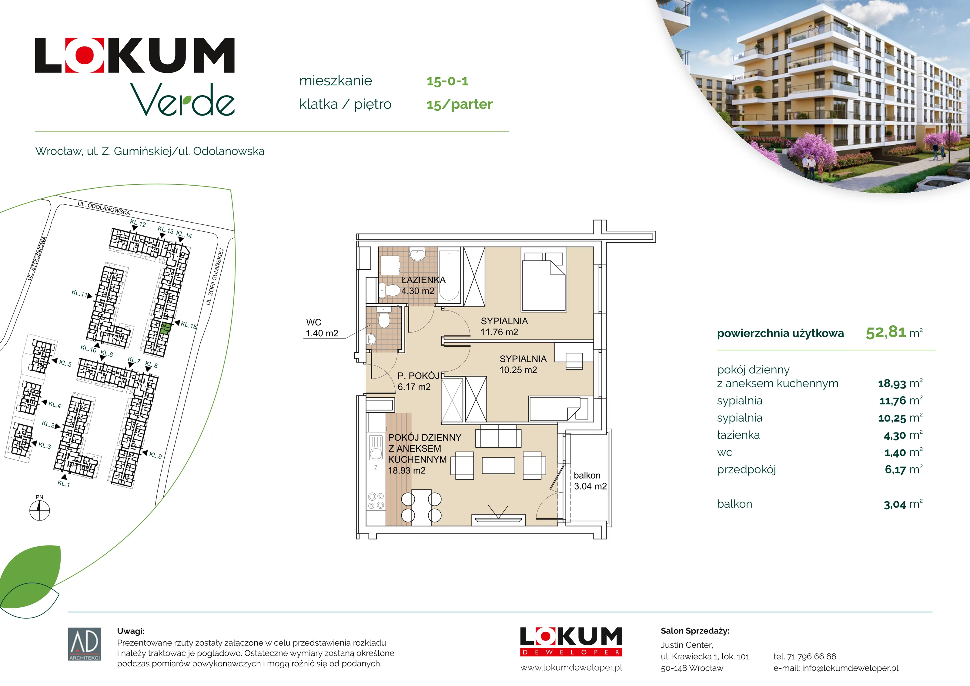 Apartament 52,81 m², parter, oferta nr 15-0-1, Lokum Verde, Wrocław, Psie Pole-Zawidawie, Zakrzów, ul. Z. Gumińskiej/Odolanowska