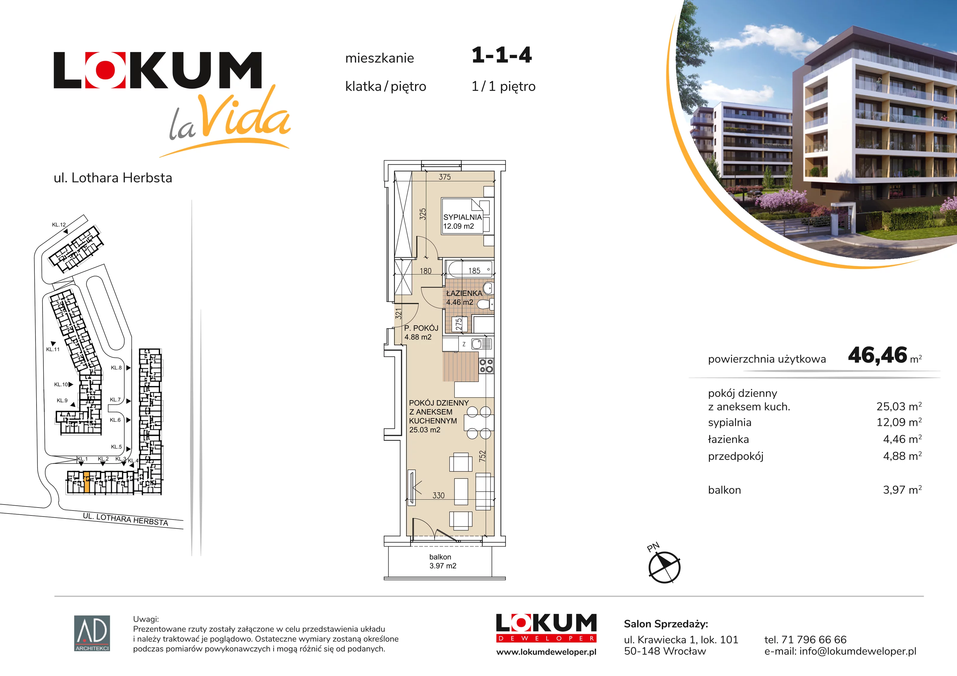 Mieszkanie 46,46 m², piętro 1, oferta nr 1-1-4, Lokum la Vida, Wrocław, Sołtysowice, ul. Lothara Herbsta