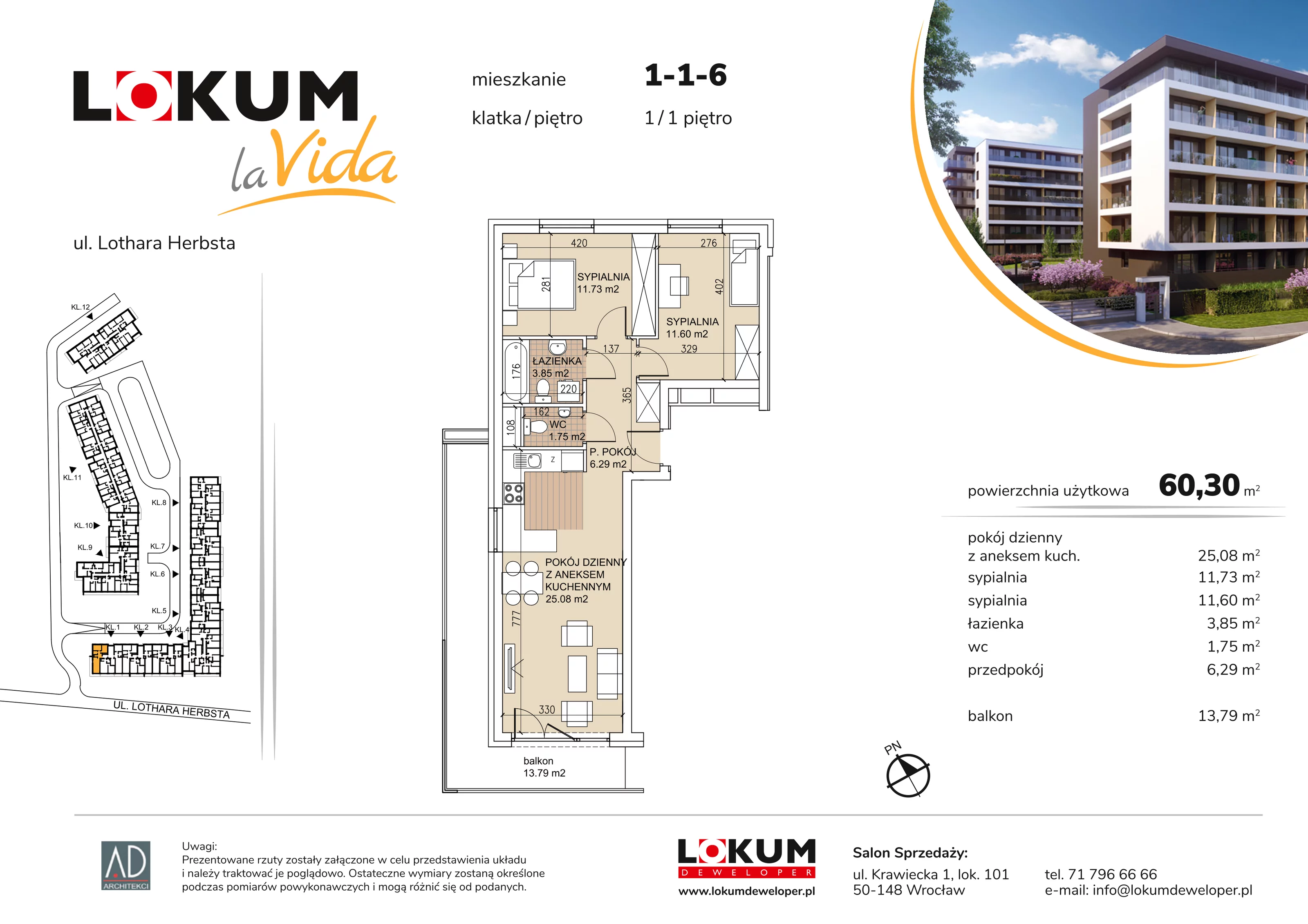 Mieszkanie 60,30 m², piętro 1, oferta nr 1-1-6, Lokum la Vida, Wrocław, Sołtysowice, ul. Lothara Herbsta