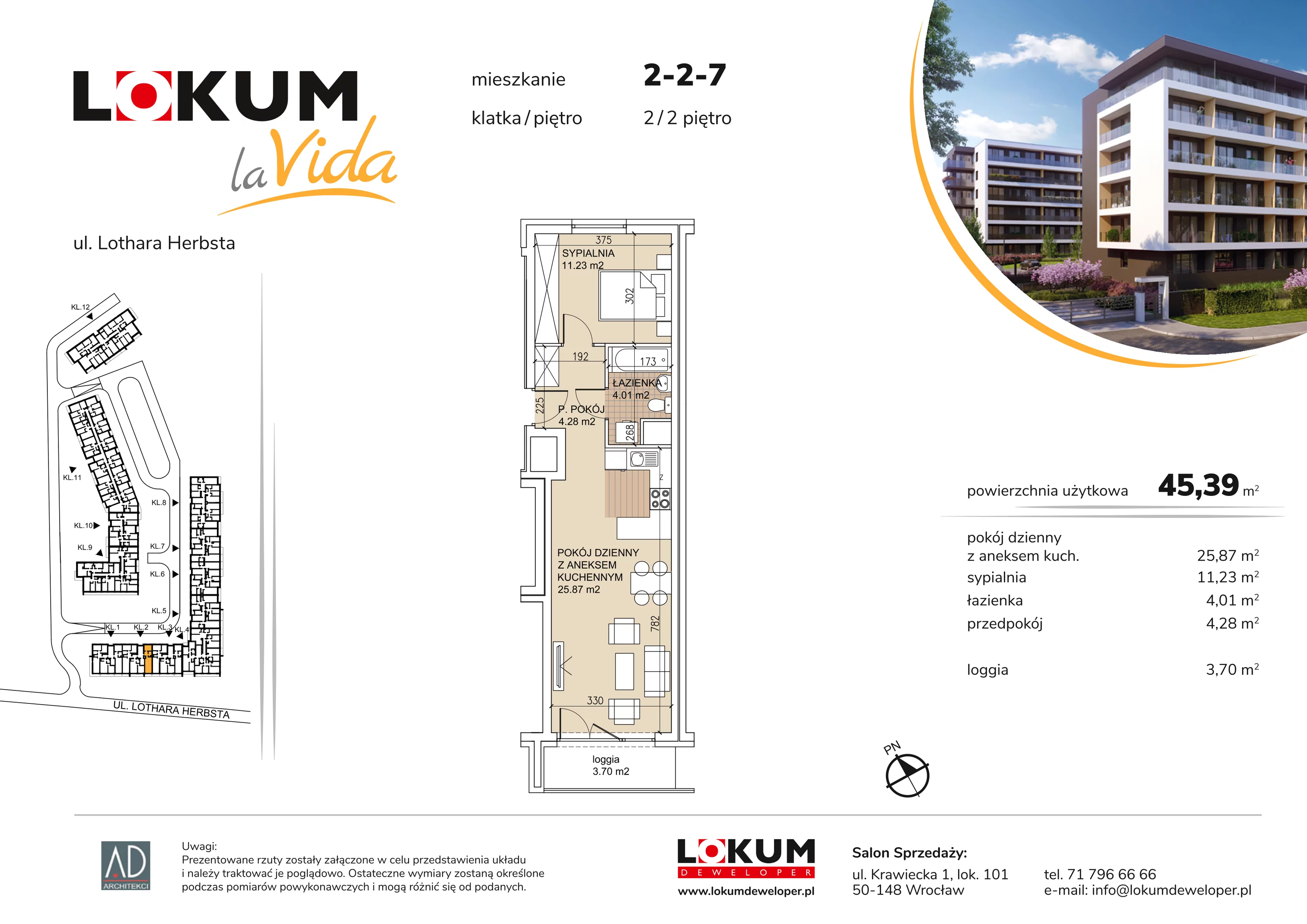 Mieszkanie 45,39 m², piętro 2, oferta nr 2-2-7, Lokum la Vida, Wrocław, Sołtysowice, ul. Lothara Herbsta