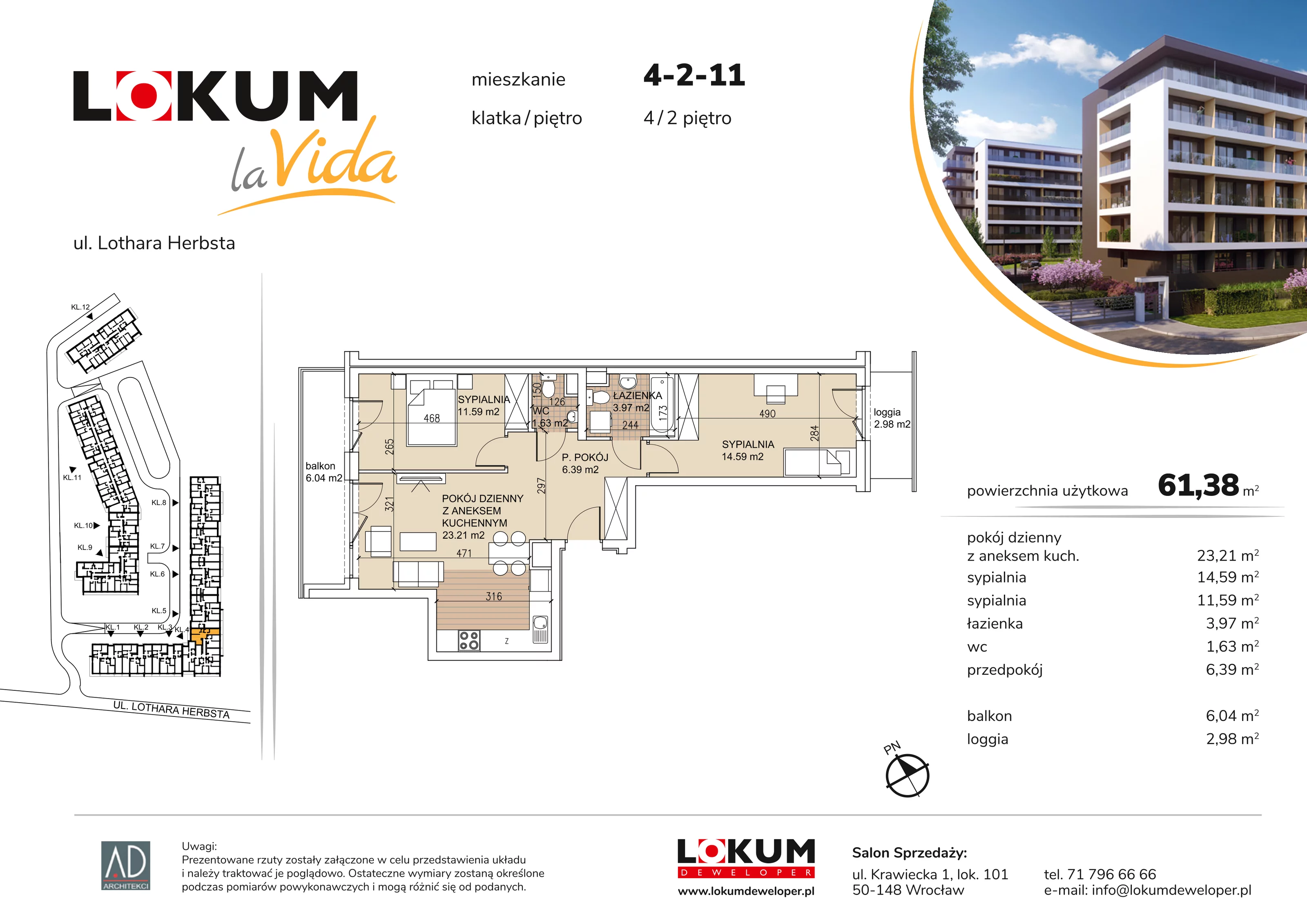 Mieszkanie 61,38 m², piętro 2, oferta nr 4-2-11, Lokum la Vida, Wrocław, Sołtysowice, ul. Lothara Herbsta