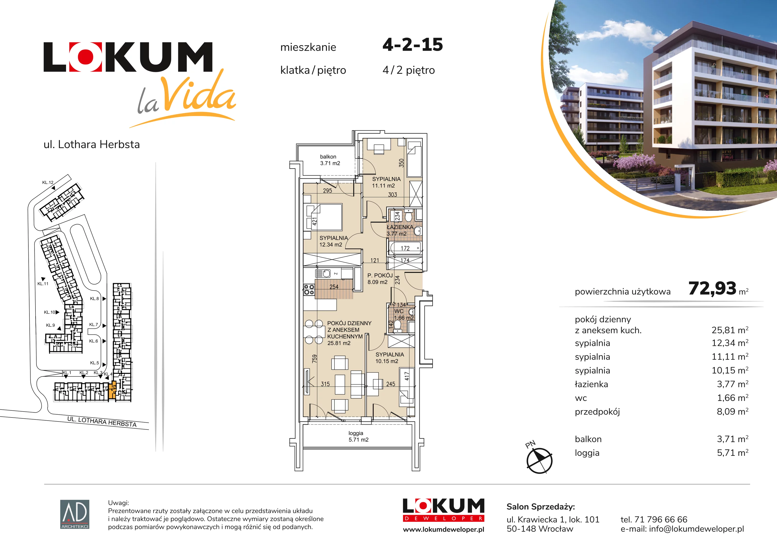 Mieszkanie 72,93 m², piętro 2, oferta nr 4-2-15, Lokum la Vida, Wrocław, Sołtysowice, ul. Lothara Herbsta