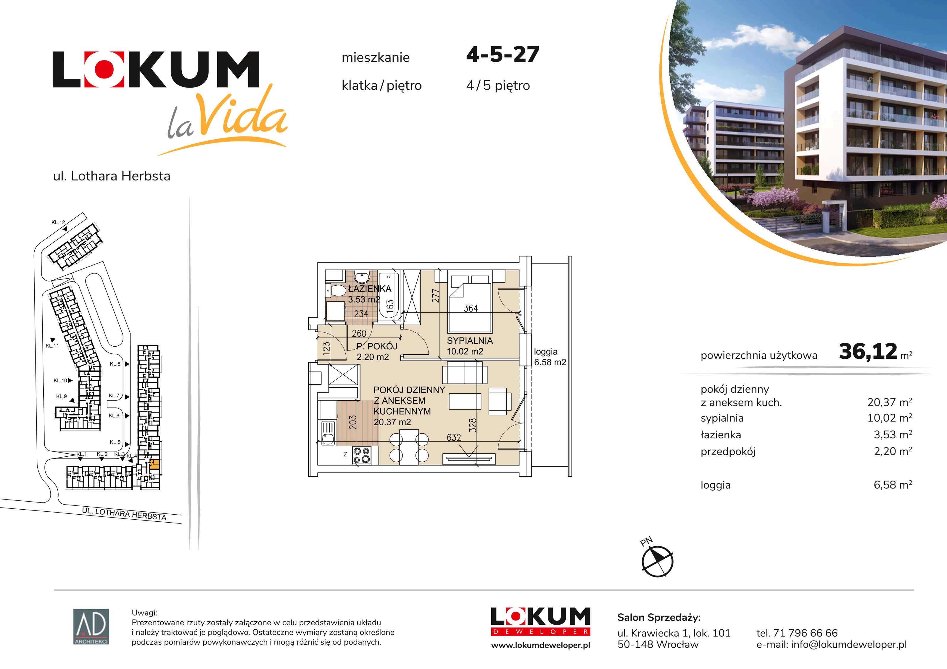 2 pokoje, mieszkanie 36,12 m², piętro 5, oferta nr 4-5-27, Lokum la Vida, Wrocław, Sołtysowice, ul. Lothara Herbsta