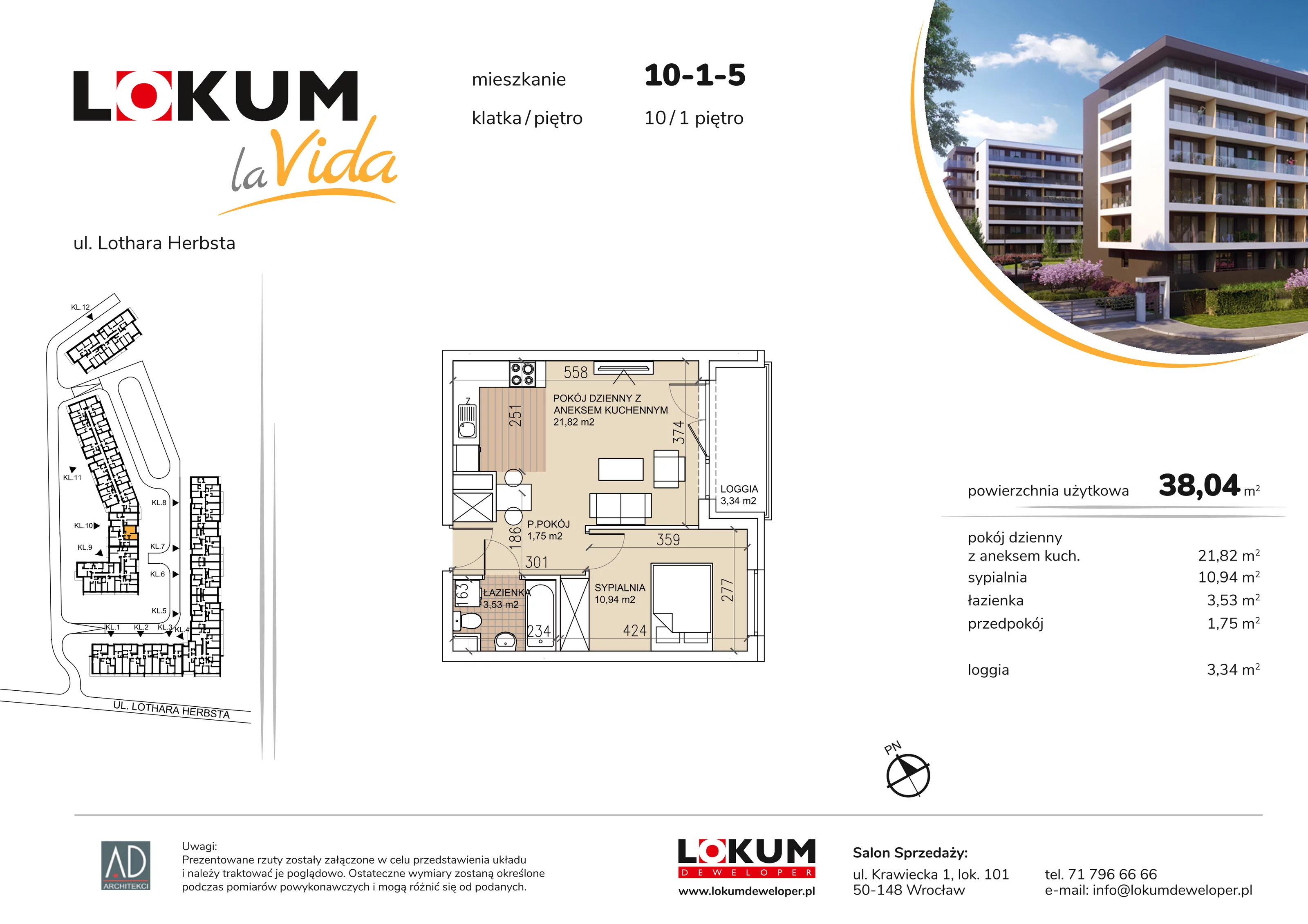 Mieszkanie 38,04 m², piętro 1, oferta nr 10-1-5, Lokum la Vida, Wrocław, Sołtysowice, ul. Lothara Herbsta