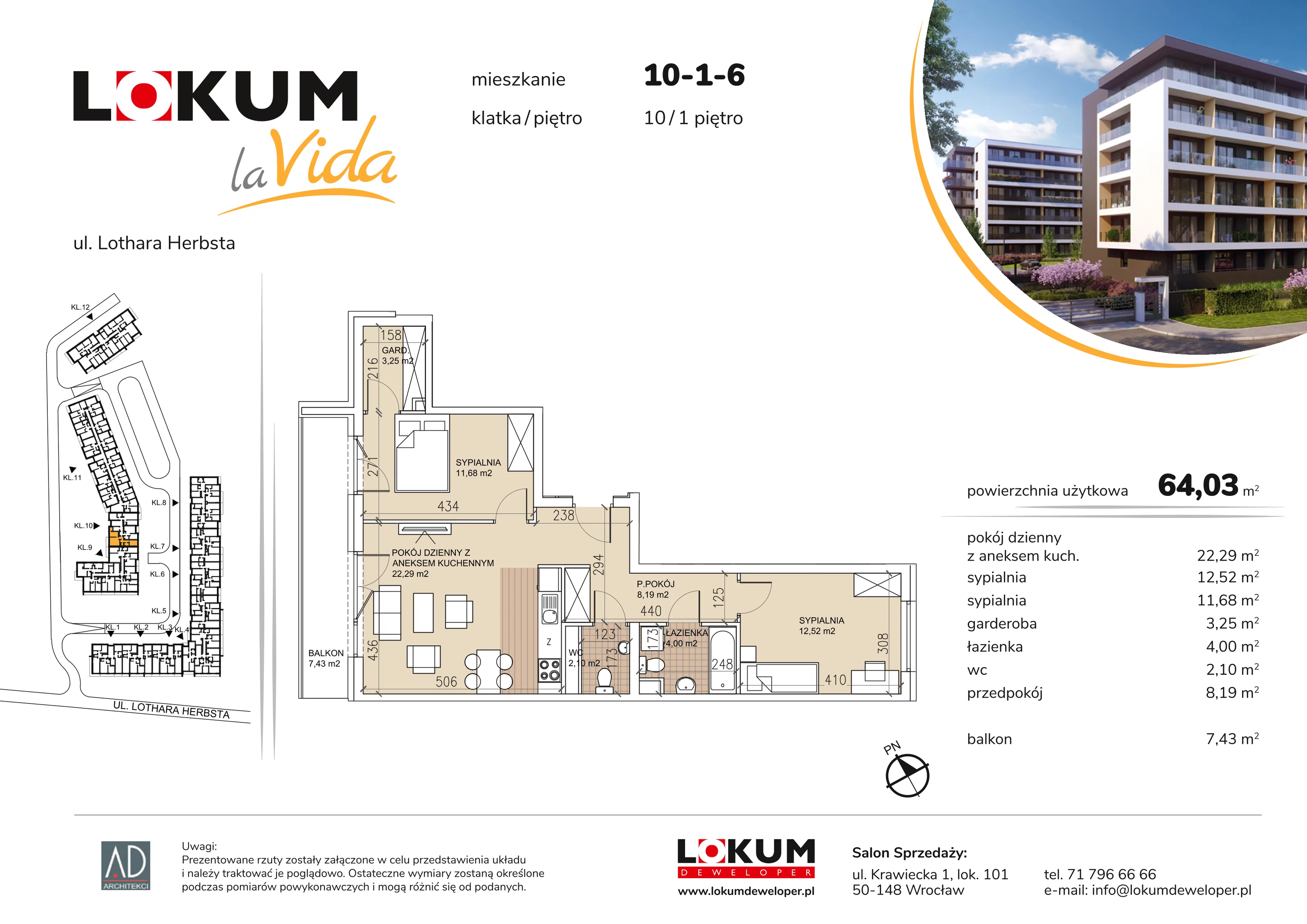 Mieszkanie 64,03 m², piętro 1, oferta nr 10-1-6, Lokum la Vida, Wrocław, Sołtysowice, ul. Lothara Herbsta