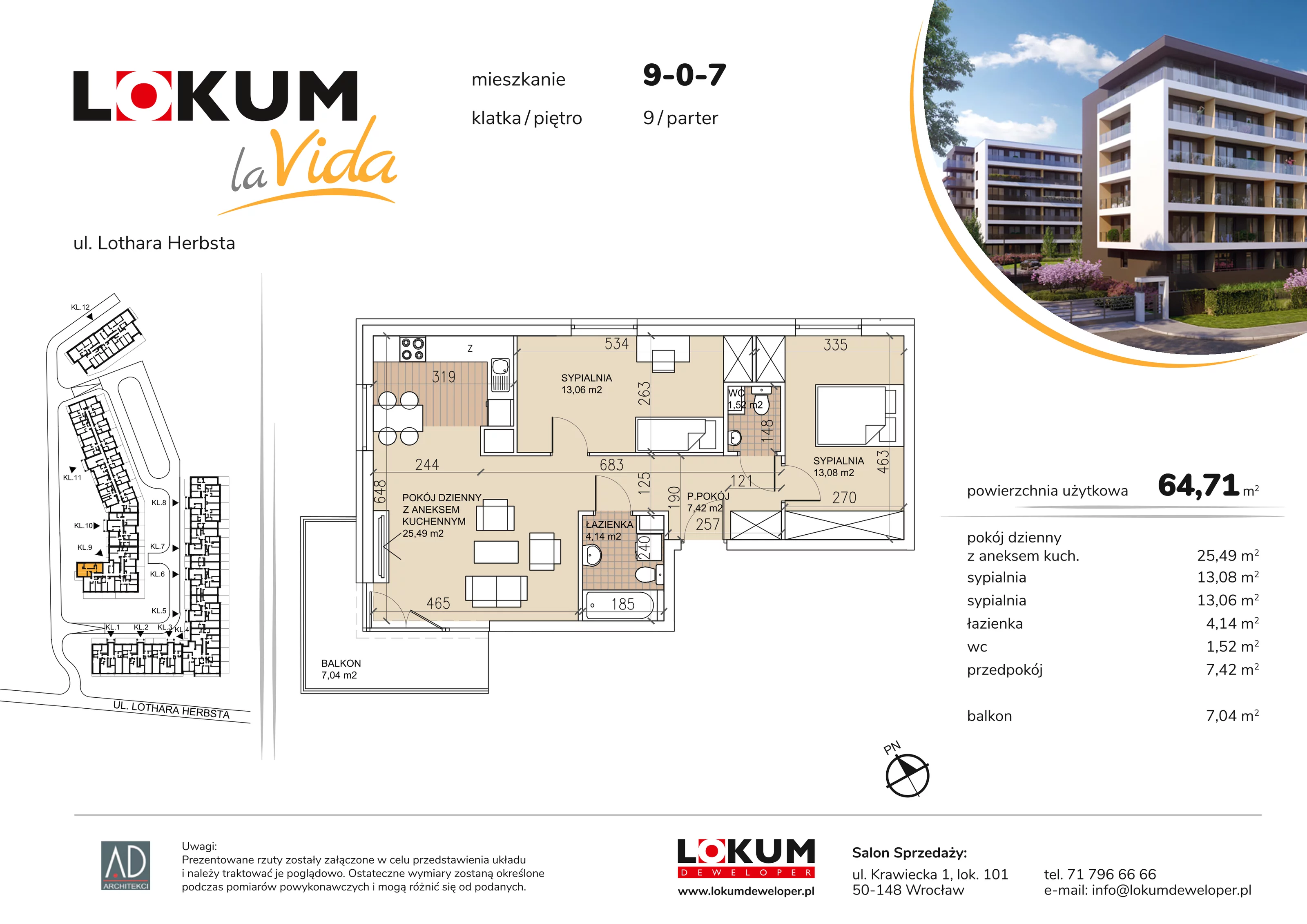 Mieszkanie 64,71 m², parter, oferta nr 9-0-7, Lokum la Vida, Wrocław, Sołtysowice, ul. Lothara Herbsta
