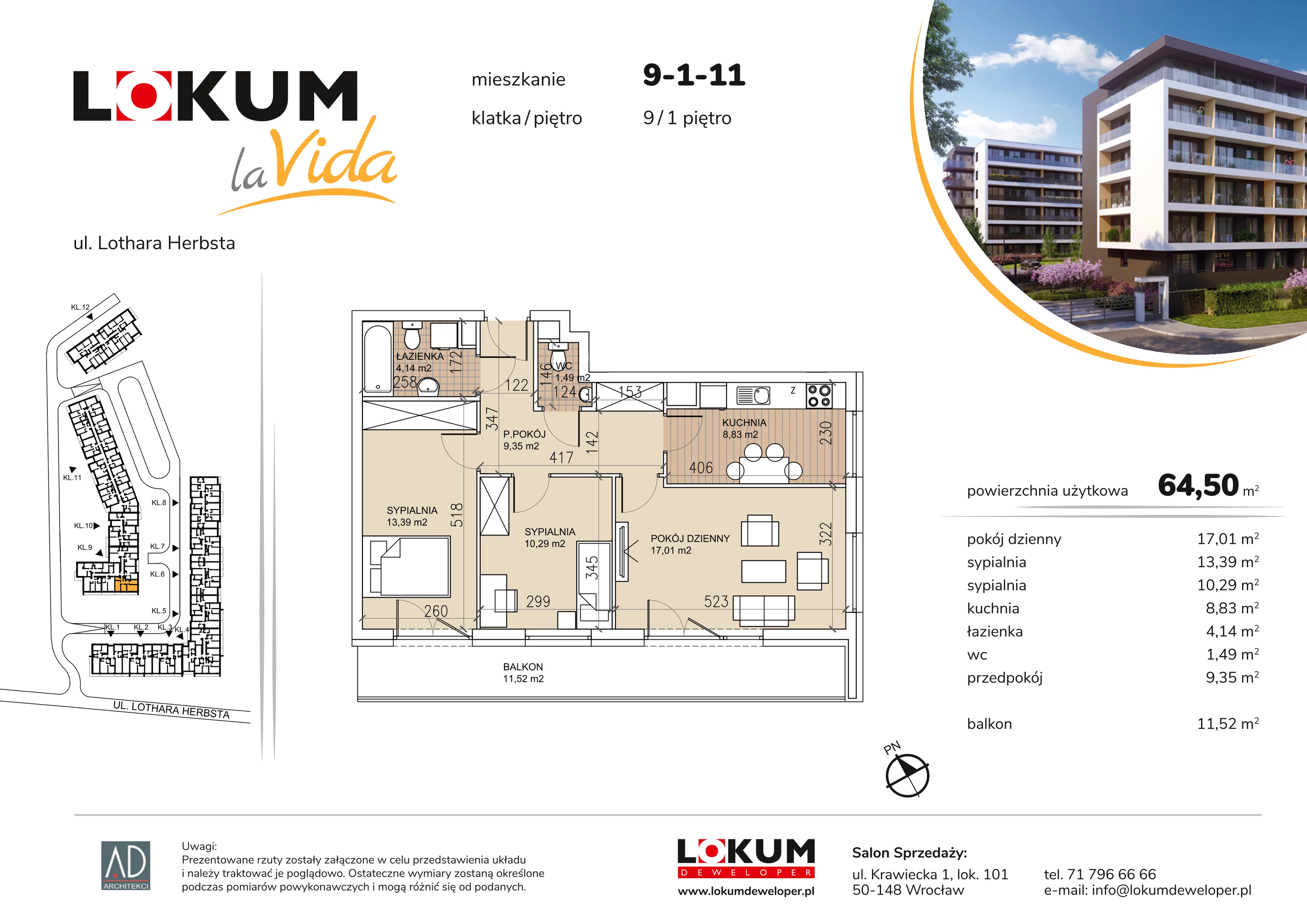 Mieszkanie 64,50 m², piętro 1, oferta nr 9-1-11, Lokum la Vida, Wrocław, Sołtysowice, ul. Lothara Herbsta