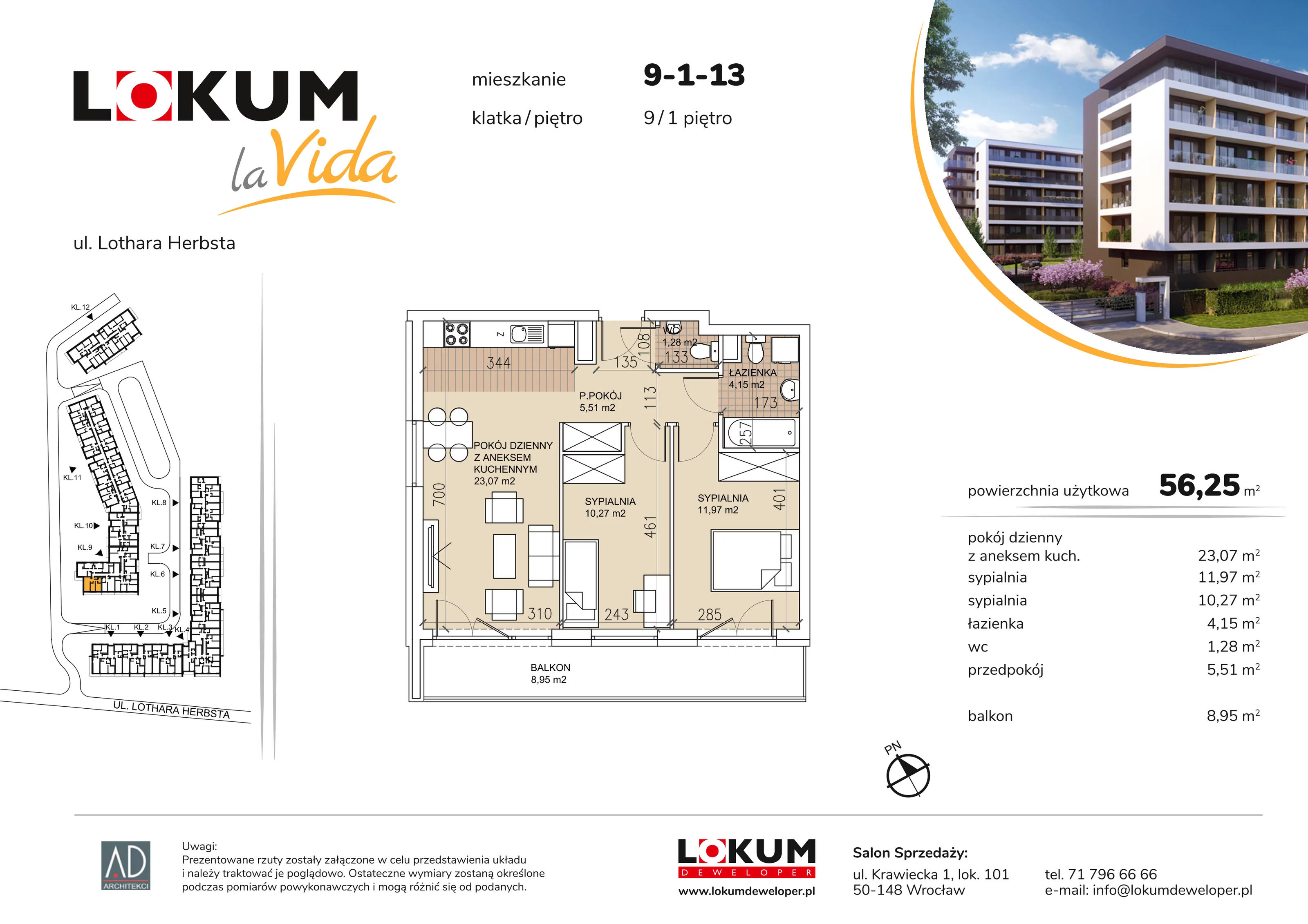 Mieszkanie 56,25 m², piętro 1, oferta nr 9-1-13, Lokum la Vida, Wrocław, Sołtysowice, ul. Lothara Herbsta
