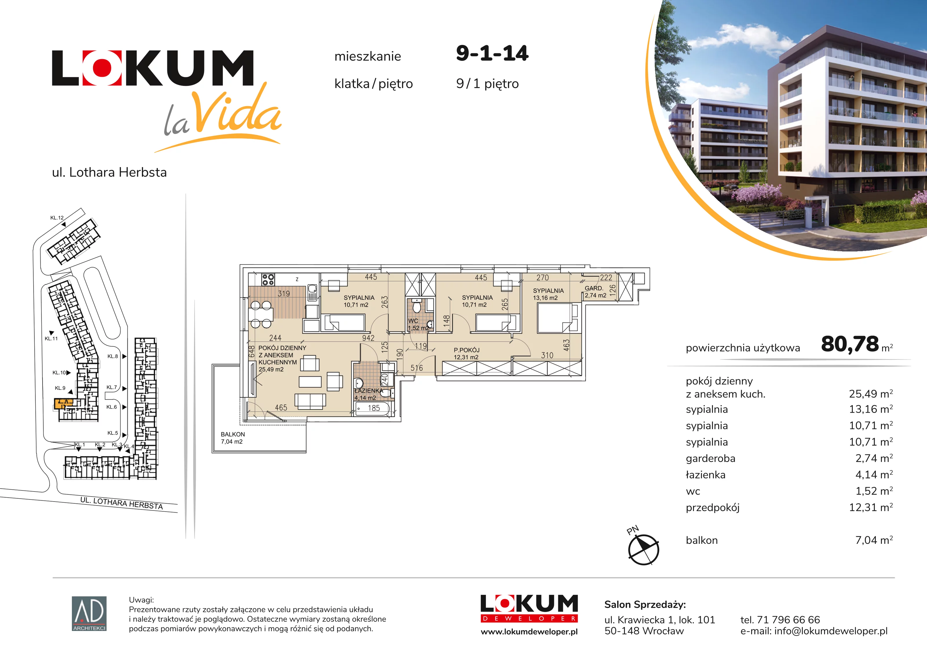 Mieszkanie 80,78 m², piętro 1, oferta nr 9-1-14, Lokum la Vida Etap II, Wrocław, Sołtysowice, ul. Lothara Herbsta