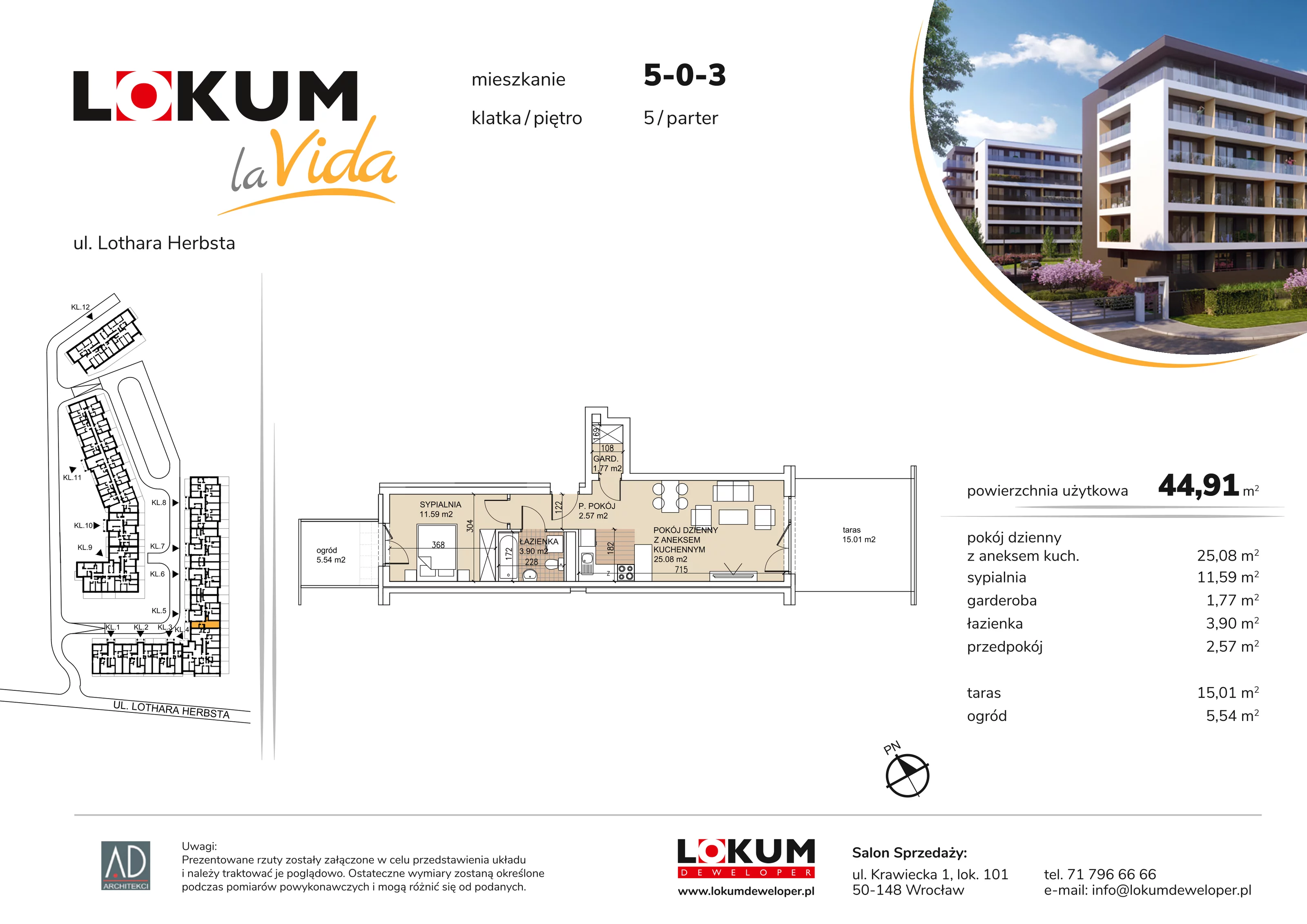 Mieszkanie 44,91 m², parter, oferta nr 5-0-3, Lokum la Vida, Wrocław, Sołtysowice, ul. Lothara Herbsta