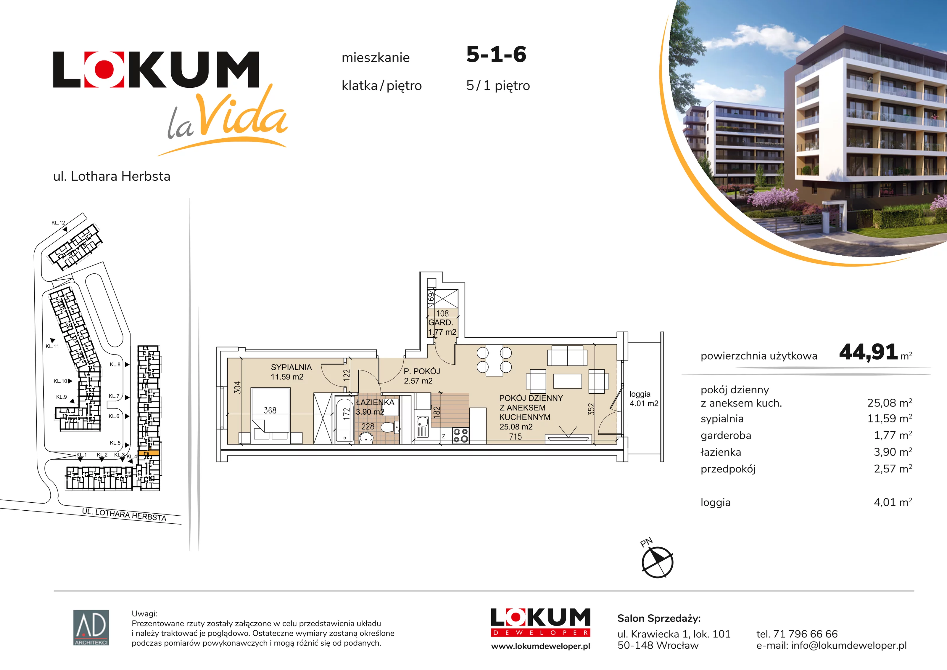 Mieszkanie 44,91 m², piętro 1, oferta nr 5-1-6, Lokum la Vida, Wrocław, Sołtysowice, ul. Lothara Herbsta