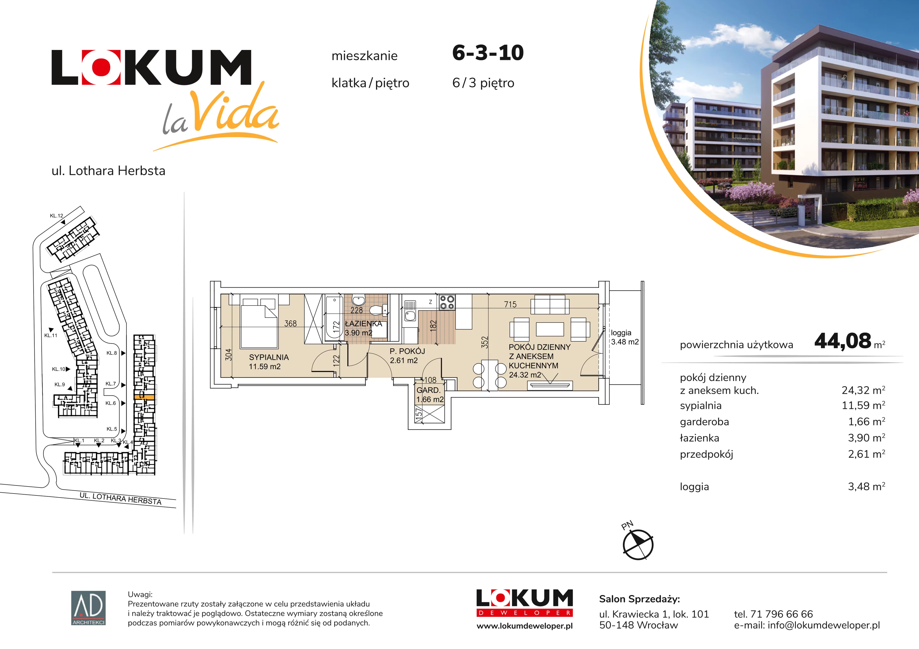 Mieszkanie 44,08 m², piętro 3, oferta nr 6-3-10, Lokum la Vida, Wrocław, Sołtysowice, ul. Lothara Herbsta