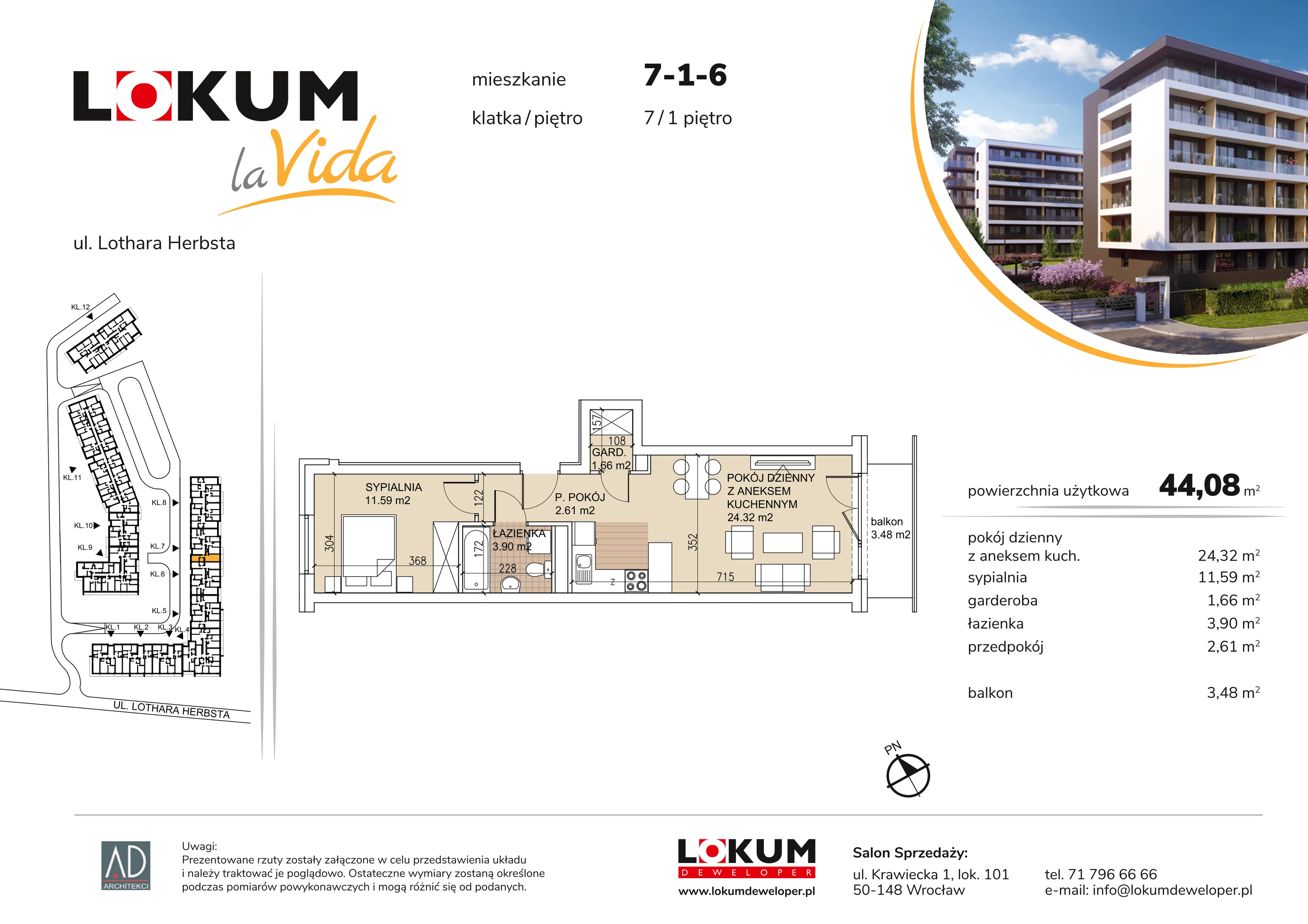 Mieszkanie 44,08 m², piętro 1, oferta nr 7-1-6, Lokum la Vida, Wrocław, Sołtysowice, ul. Lothara Herbsta
