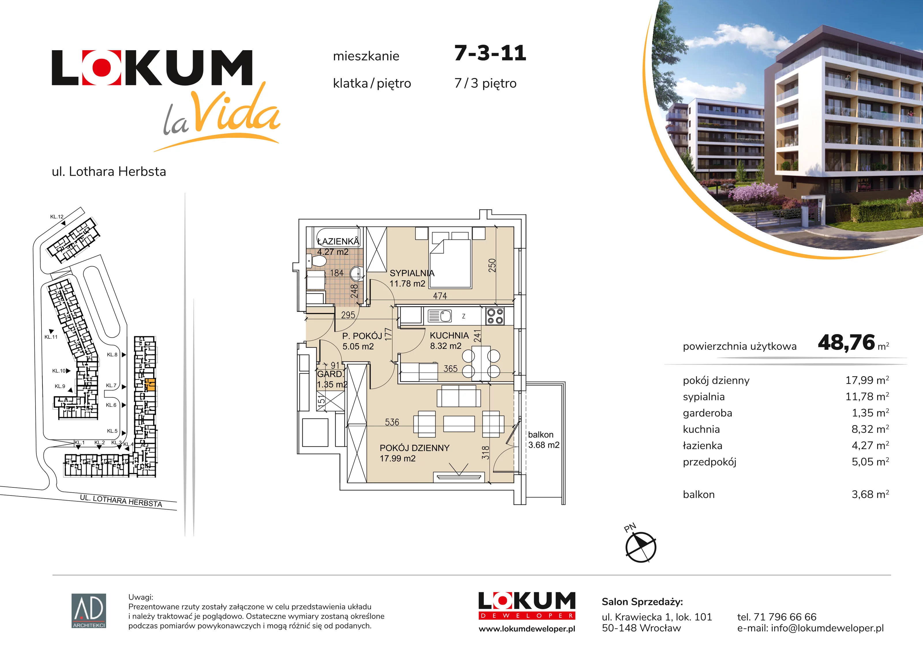 Mieszkanie 48,76 m², piętro 3, oferta nr 7-3-11, Lokum la Vida, Wrocław, Sołtysowice, ul. Lothara Herbsta