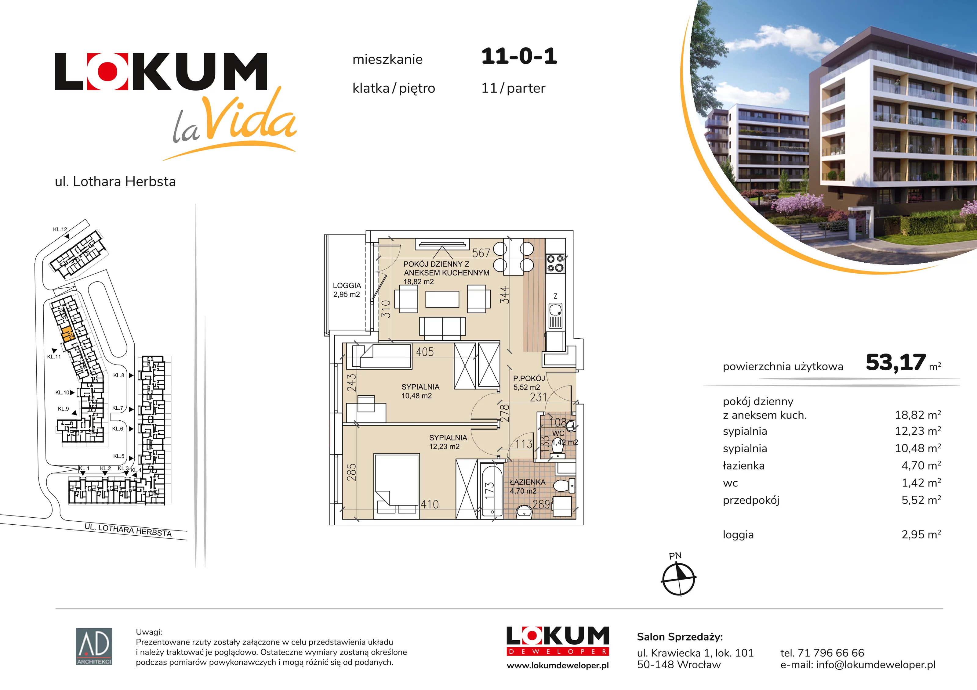 3 pokoje, mieszkanie 53,17 m², parter, oferta nr 11-0-1, Lokum la Vida Etap II, Wrocław, Sołtysowice, ul. Lothara Herbsta