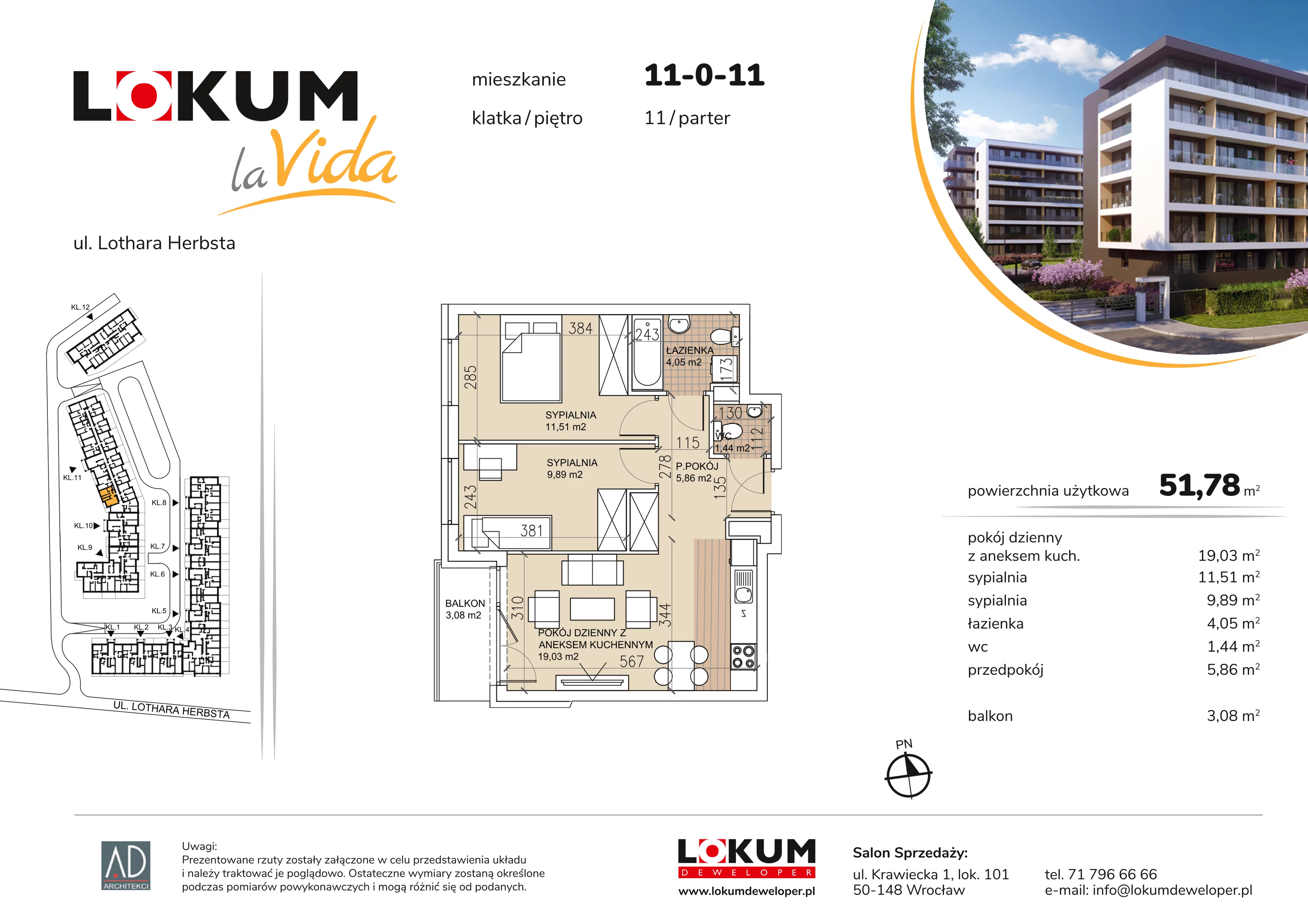 3 pokoje, mieszkanie 51,78 m², parter, oferta nr 11-0-11, Lokum la Vida Etap II, Wrocław, Sołtysowice, ul. Lothara Herbsta