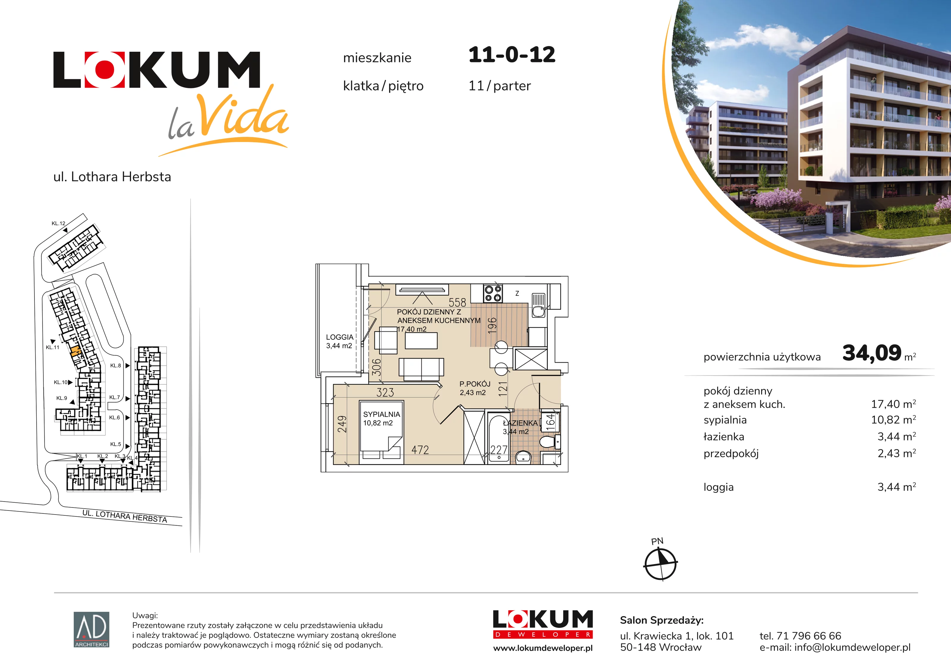 2 pokoje, mieszkanie 34,09 m², parter, oferta nr 11-0-12, Lokum la Vida Etap II, Wrocław, Sołtysowice, ul. Lothara Herbsta