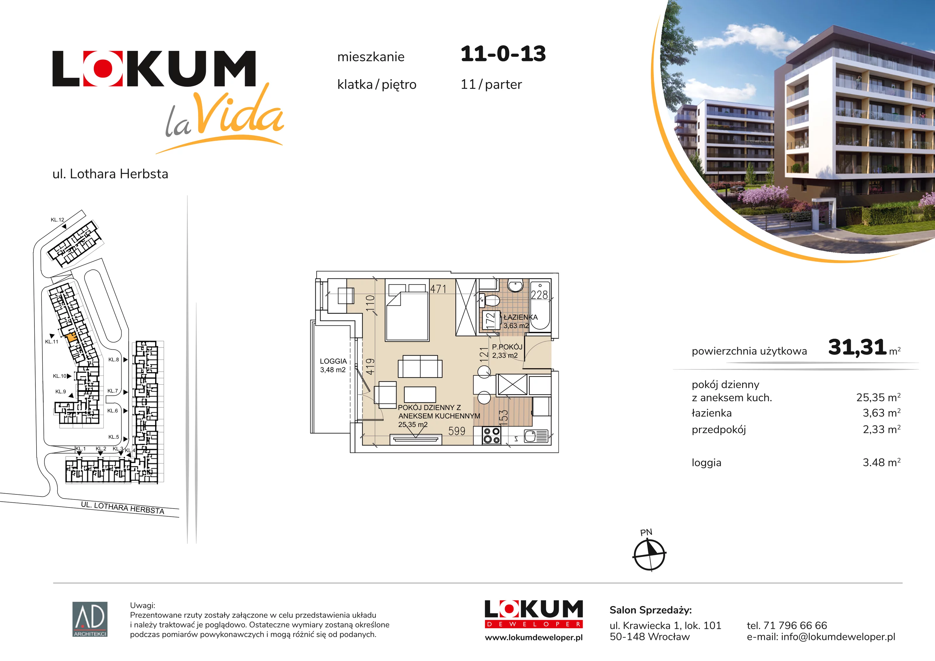 1 pokój, mieszkanie 31,31 m², parter, oferta nr 11-0-13, Lokum la Vida Etap II, Wrocław, Sołtysowice, ul. Lothara Herbsta